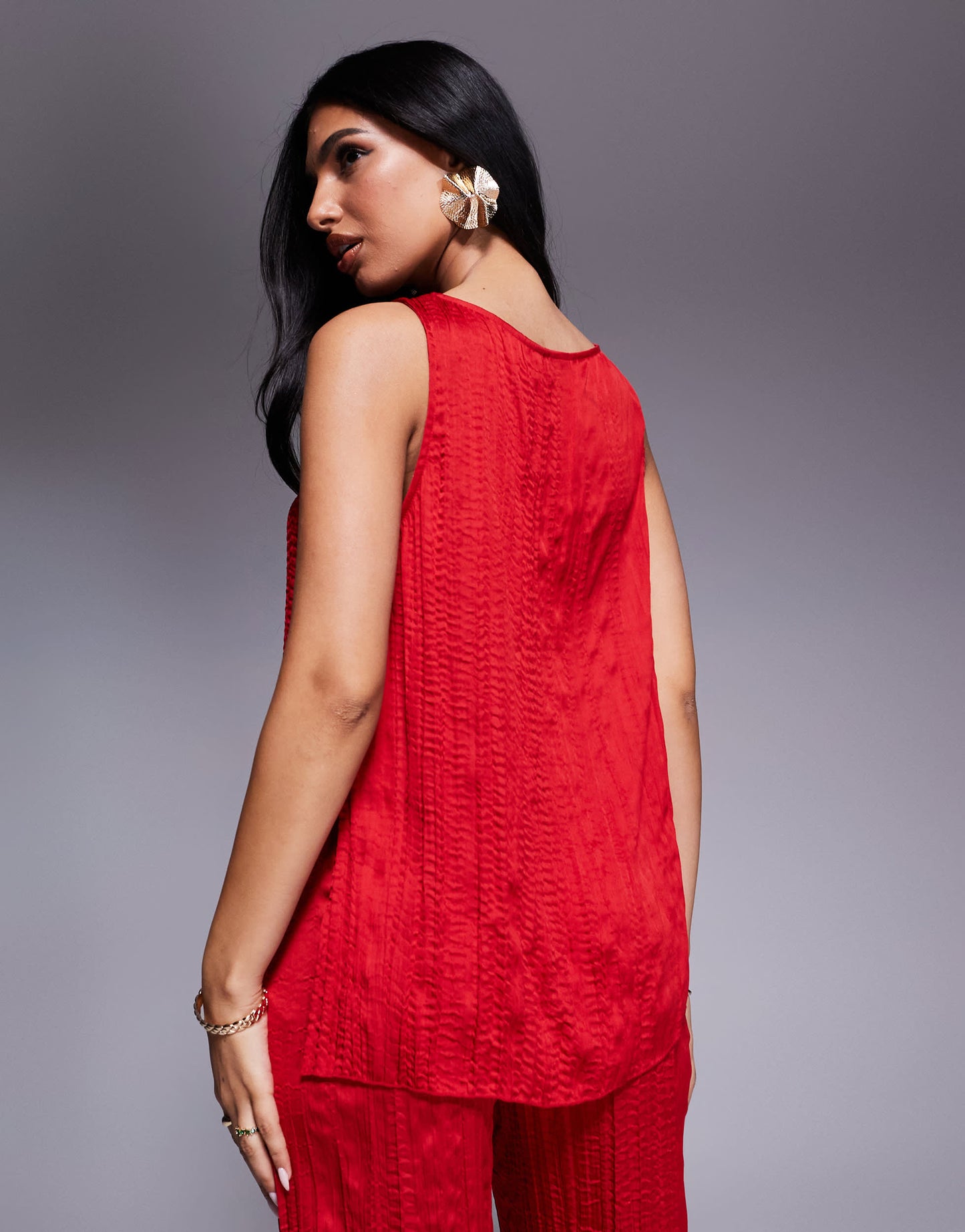 ASOS DESIGN crinkle satin boat neck tank top co-ord in cherry red