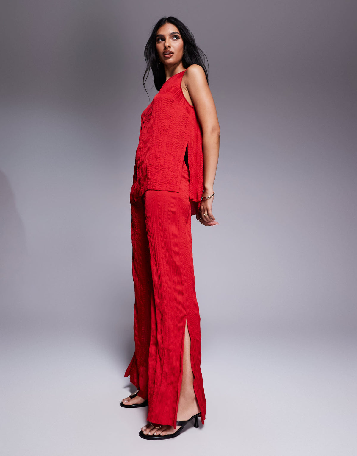 ASOS DESIGN straight leg crinkle satin trousers co-ord with split in cherry red