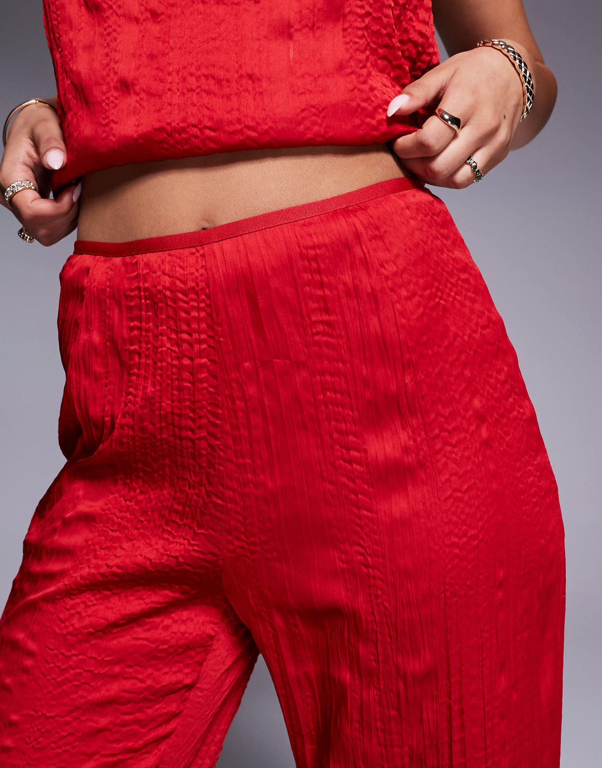 ASOS DESIGN straight leg crinkle satin trousers co-ord with split in cherry red