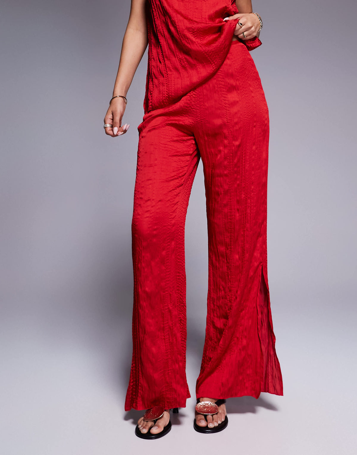 ASOS DESIGN straight leg crinkle satin trousers co-ord with split in cherry red