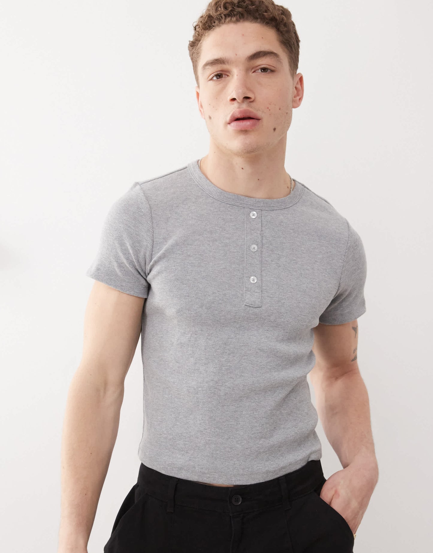COLLUSION Ribbed henley t-shirt in grey