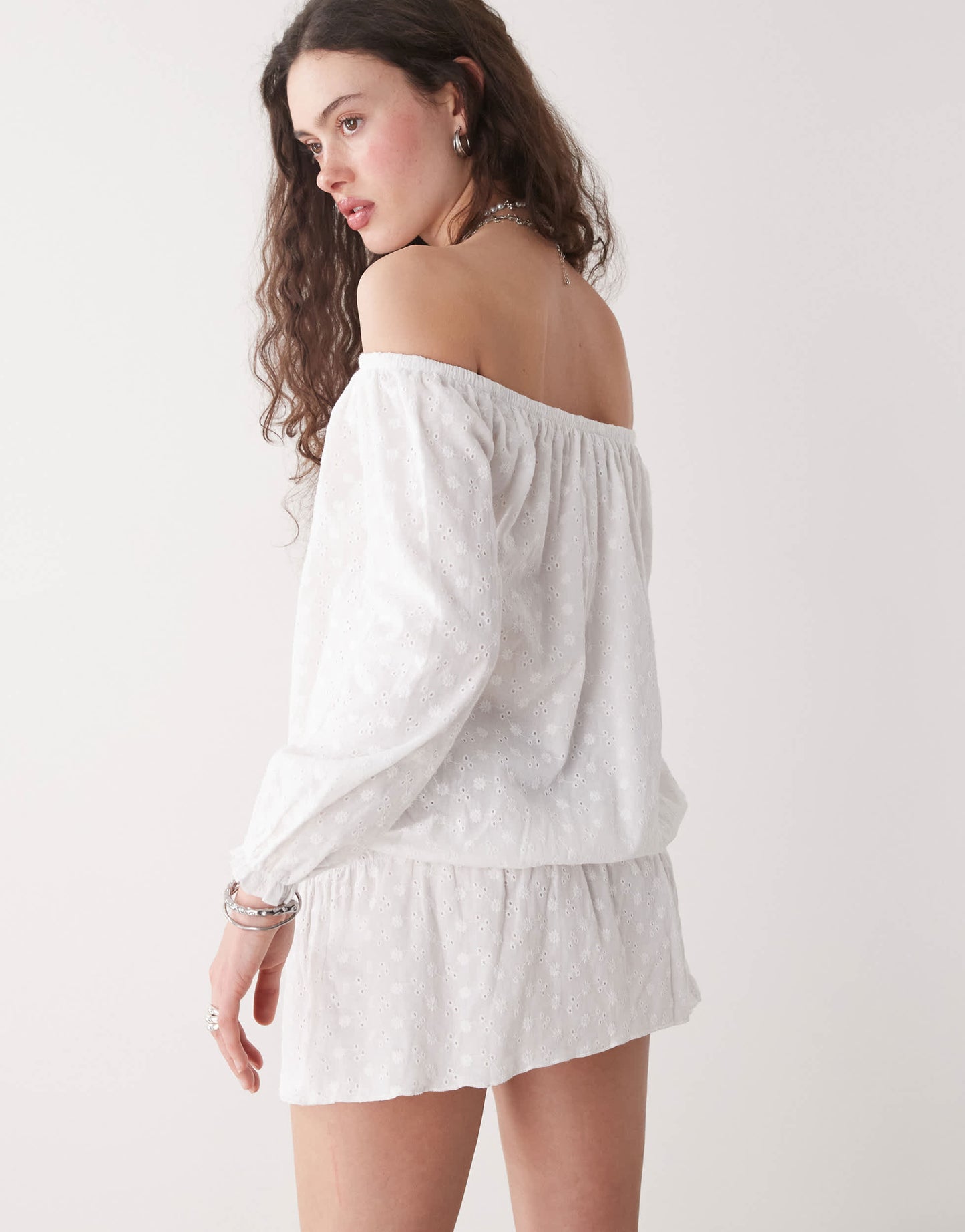 Motel melisandre broderie off-shoulder mini smock dress in ivory
