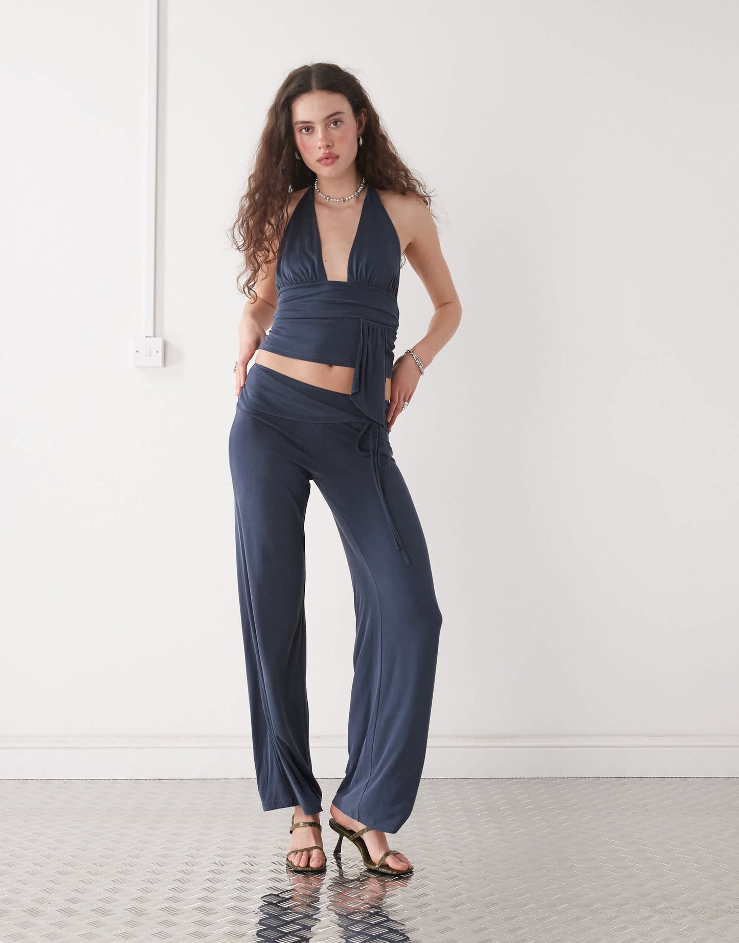 Motel donata low rise slinky co-ord trousers in ocean storm blue