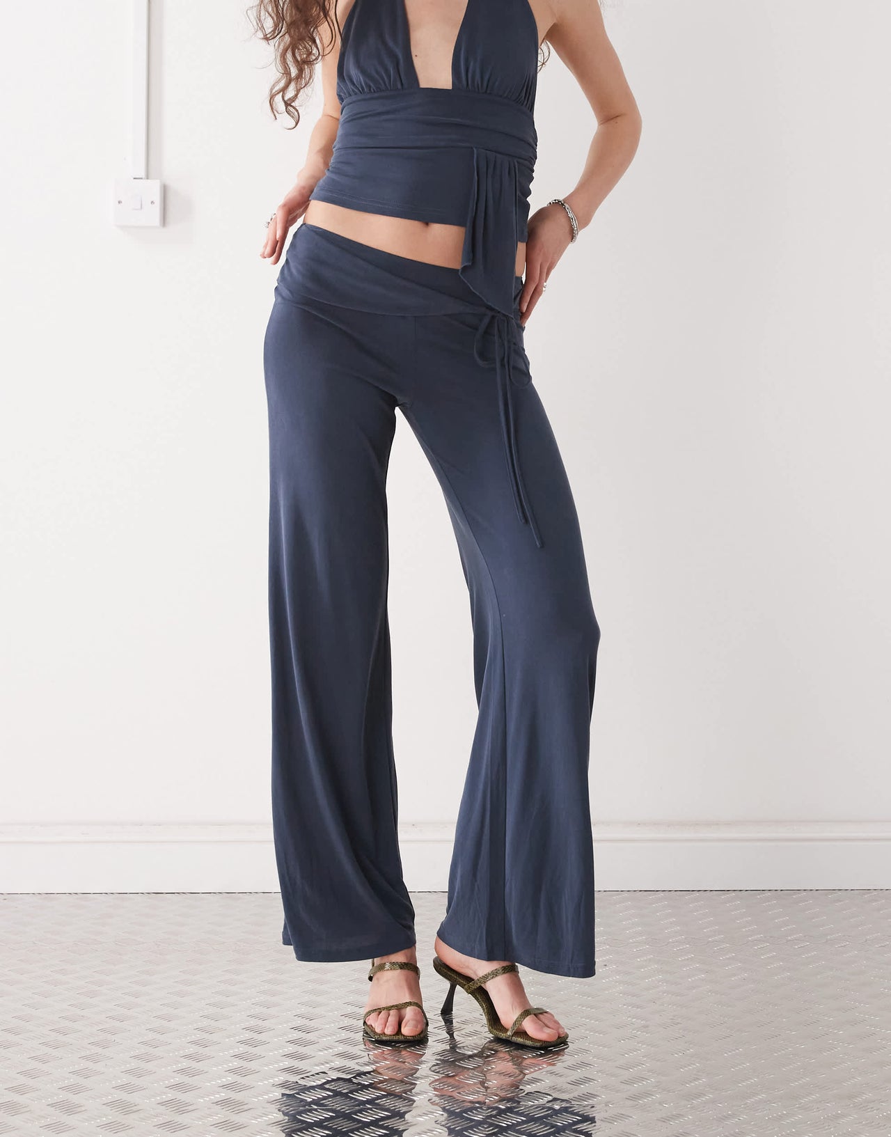 Motel donata low rise slinky co-ord trousers in ocean storm blue
