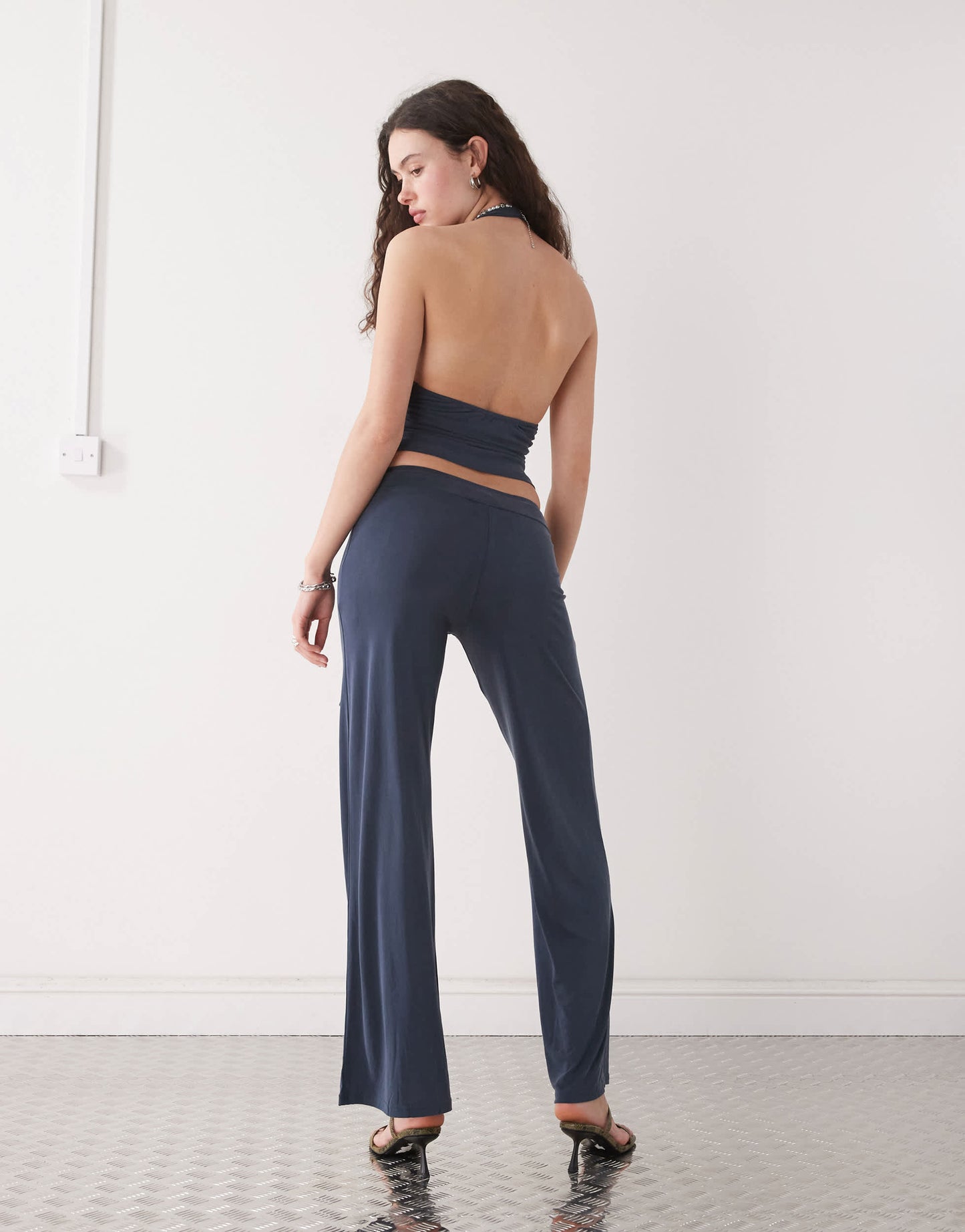 Motel donata low rise slinky co-ord trousers in ocean storm blue