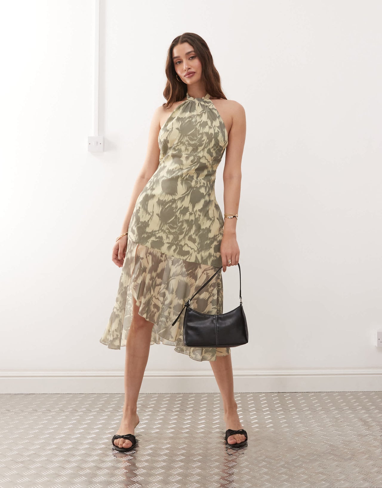 Motel tanta halter neck blurred floral print midaxi dress in yellow