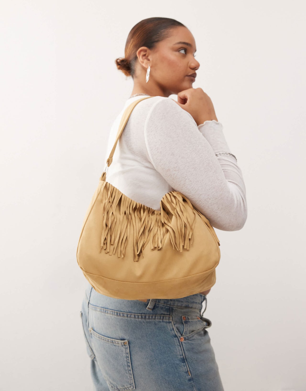 Motel teria fringe detail slouchy bag in tan