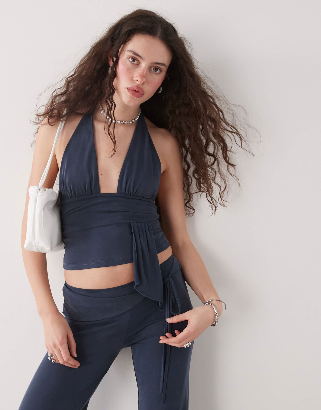 Motel prilla slinky wrap co-ord detail halter top in ocean storm blue