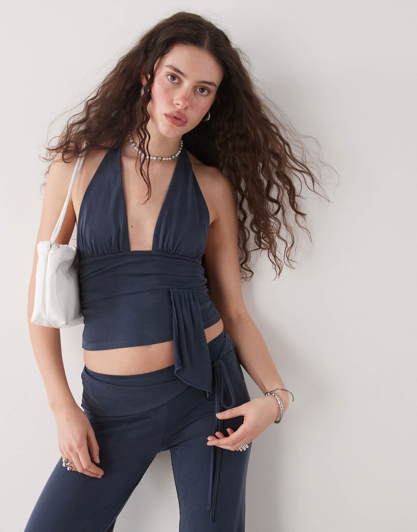 Motel prilla slinky wrap co-ord detail halter top in ocean storm blue