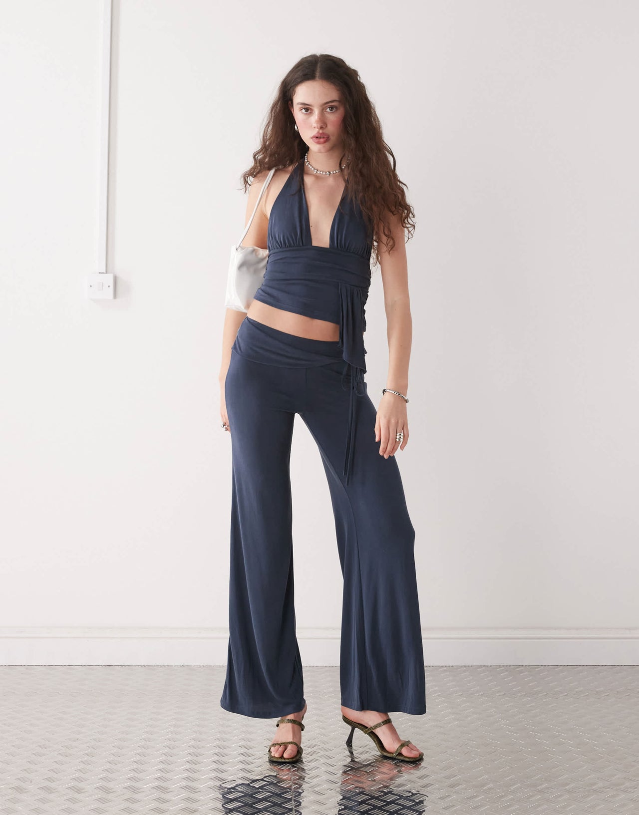 Motel prilla slinky wrap co-ord detail halter top in ocean storm blue
