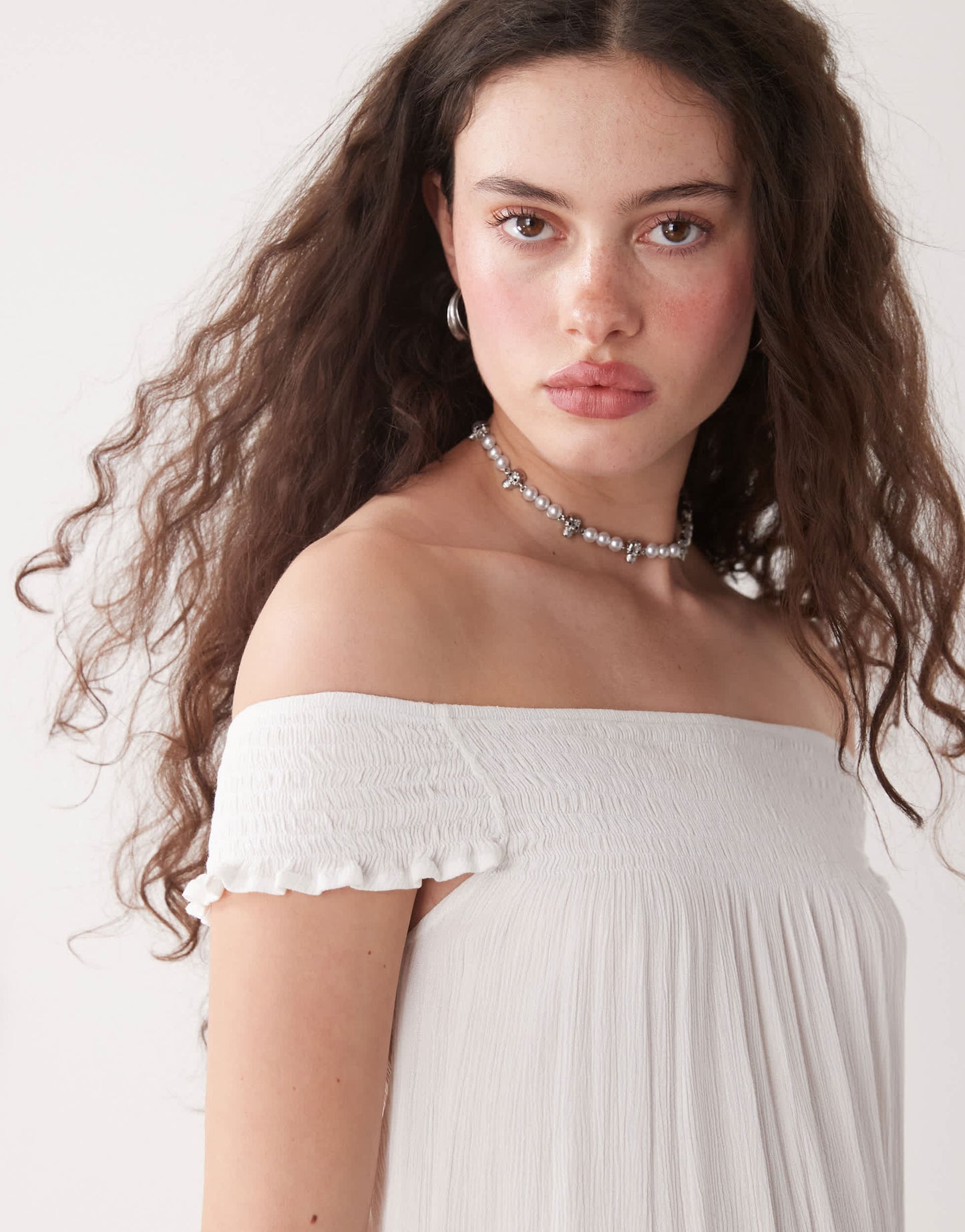 Motel panasi off-shoulder mini smock dress in off-white