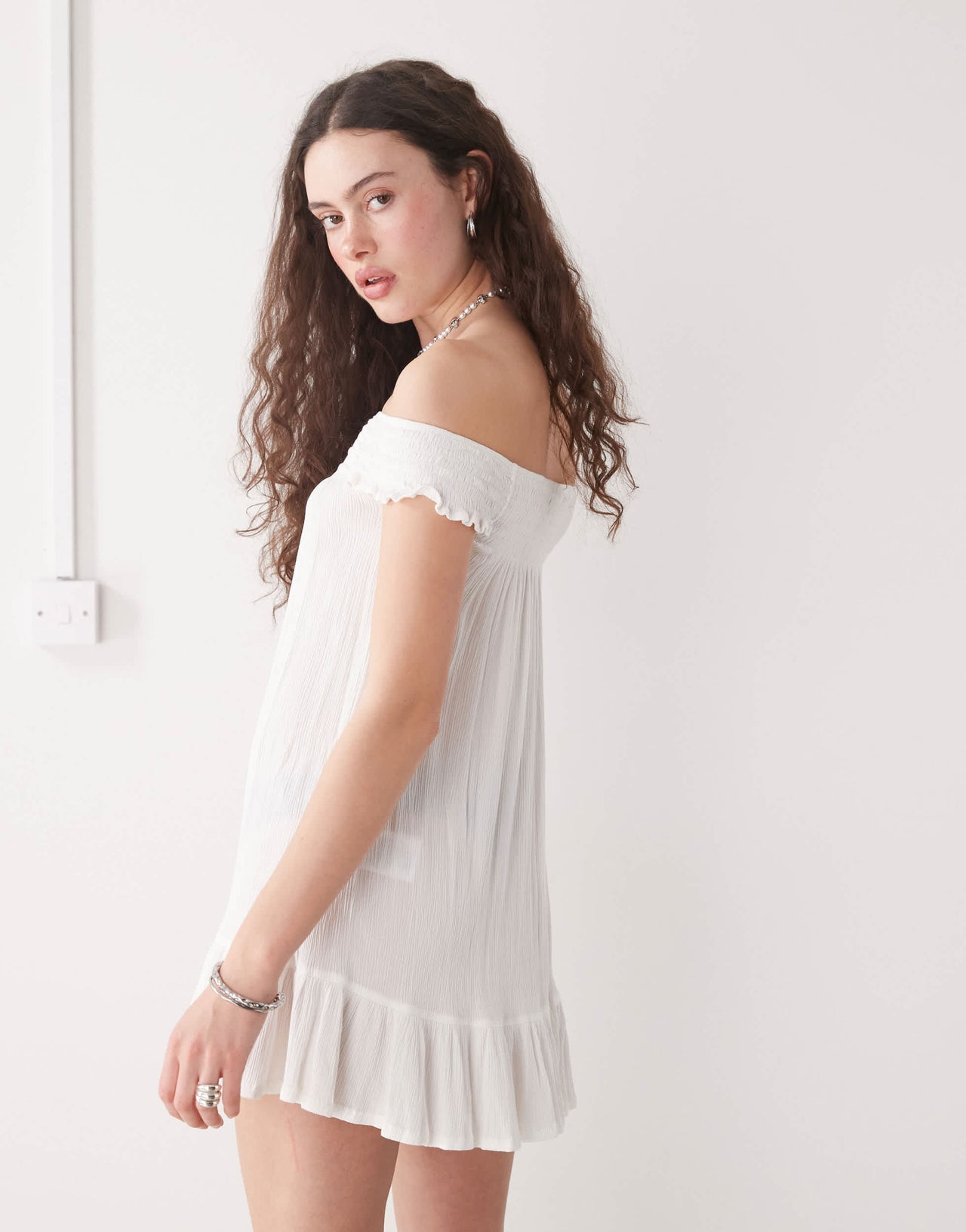 Motel panasi off-shoulder mini smock dress in off-white