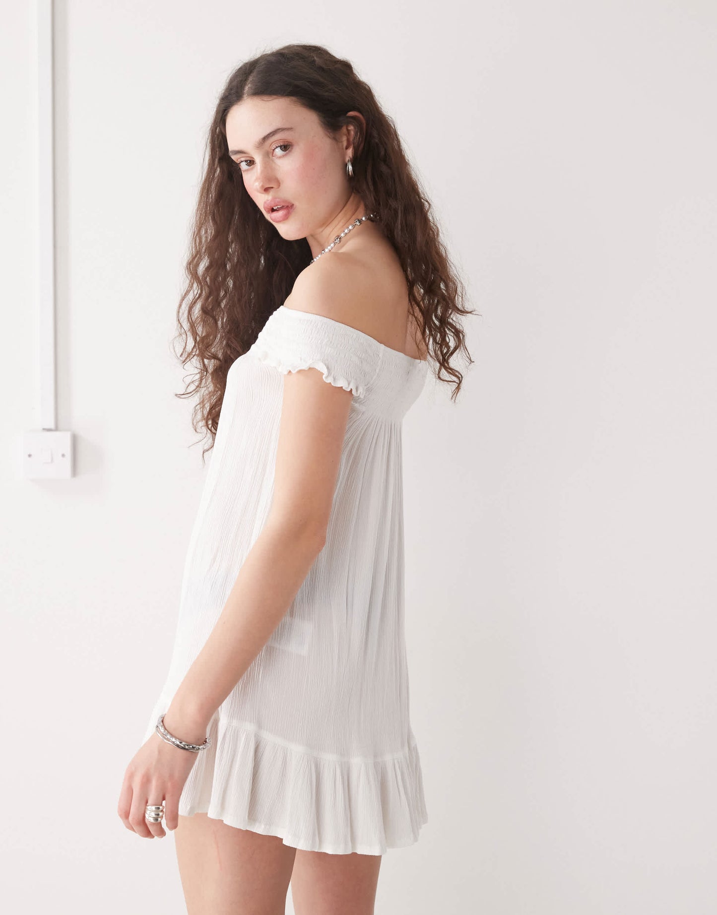 Motel panasi off-shoulder mini smock dress in off-white