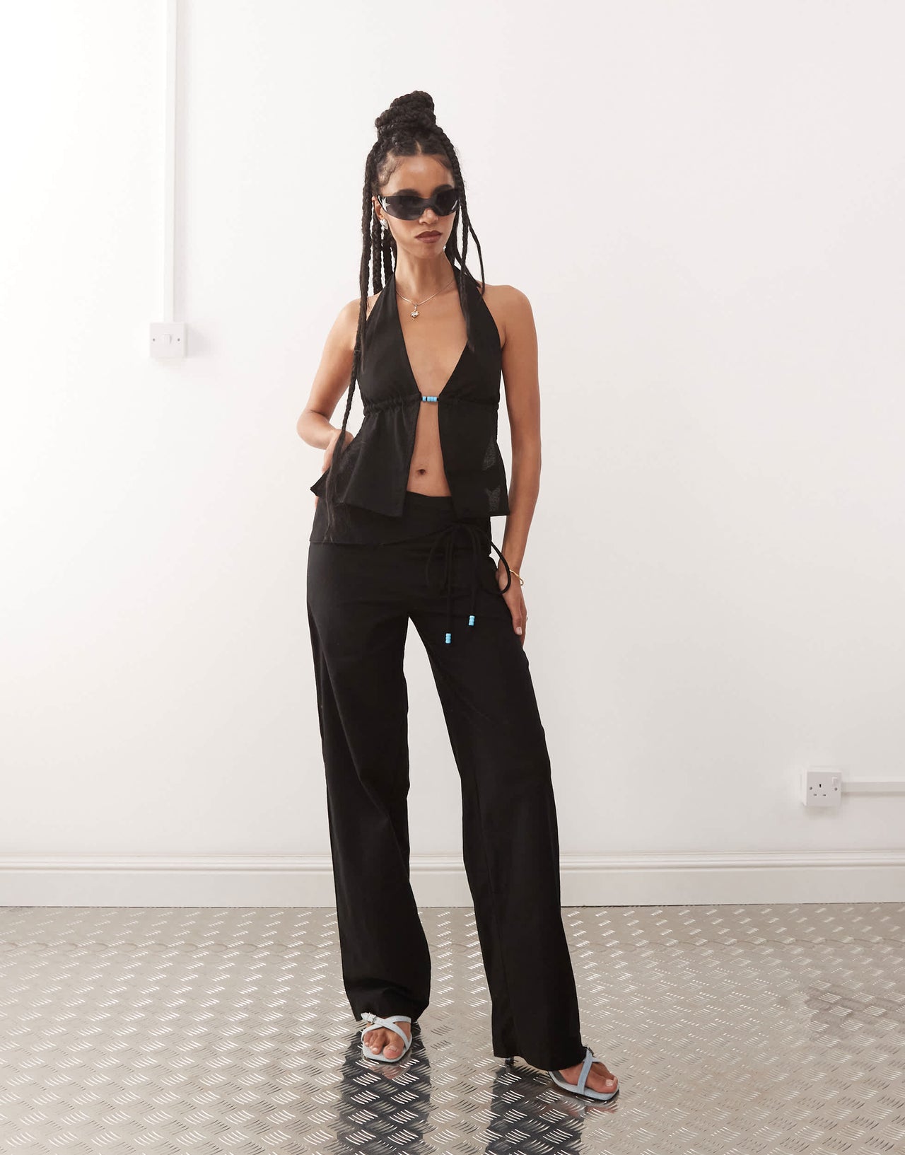 Motel syrma bead detail linen halter top in black