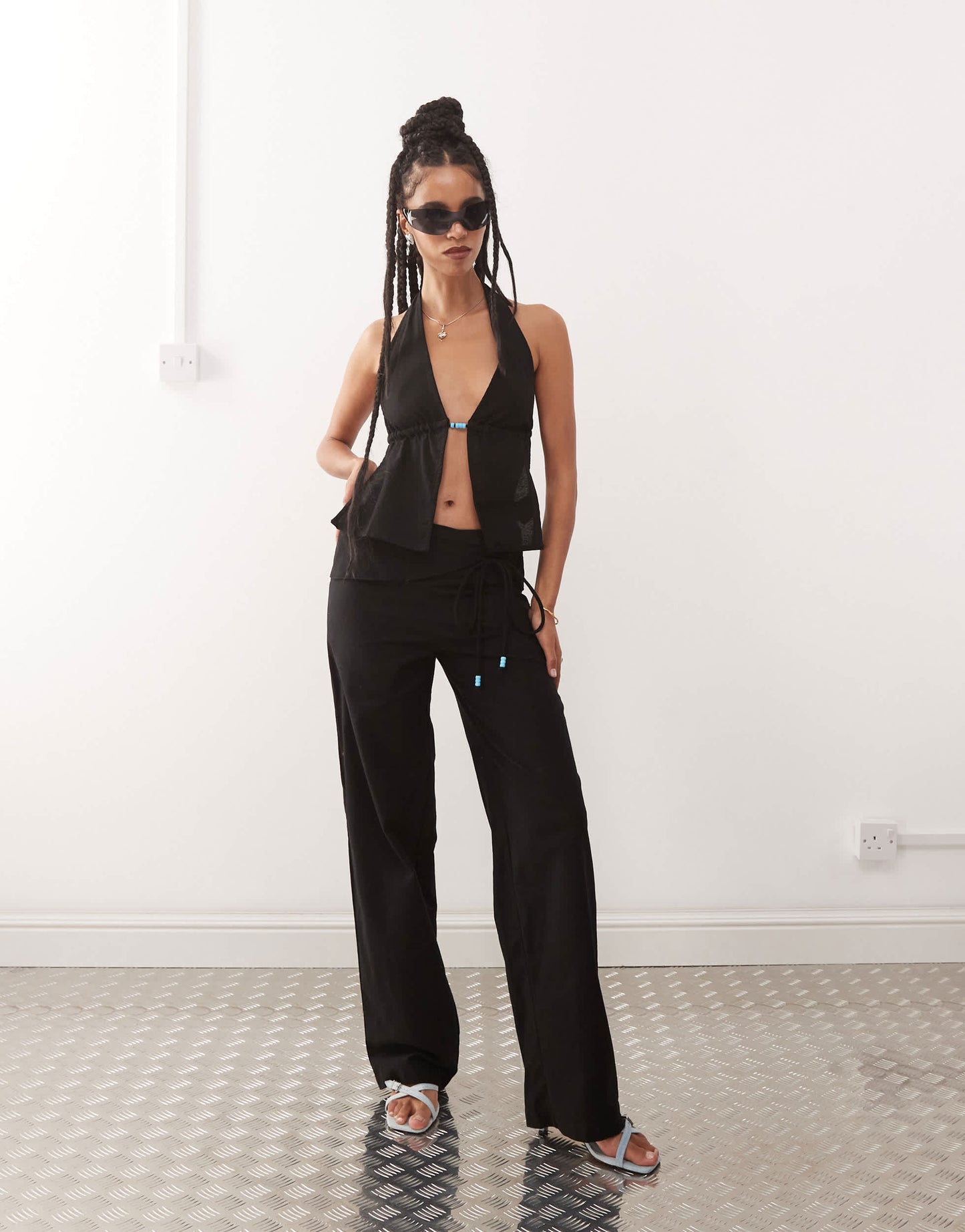 Motel syrma bead detail linen halter top in black