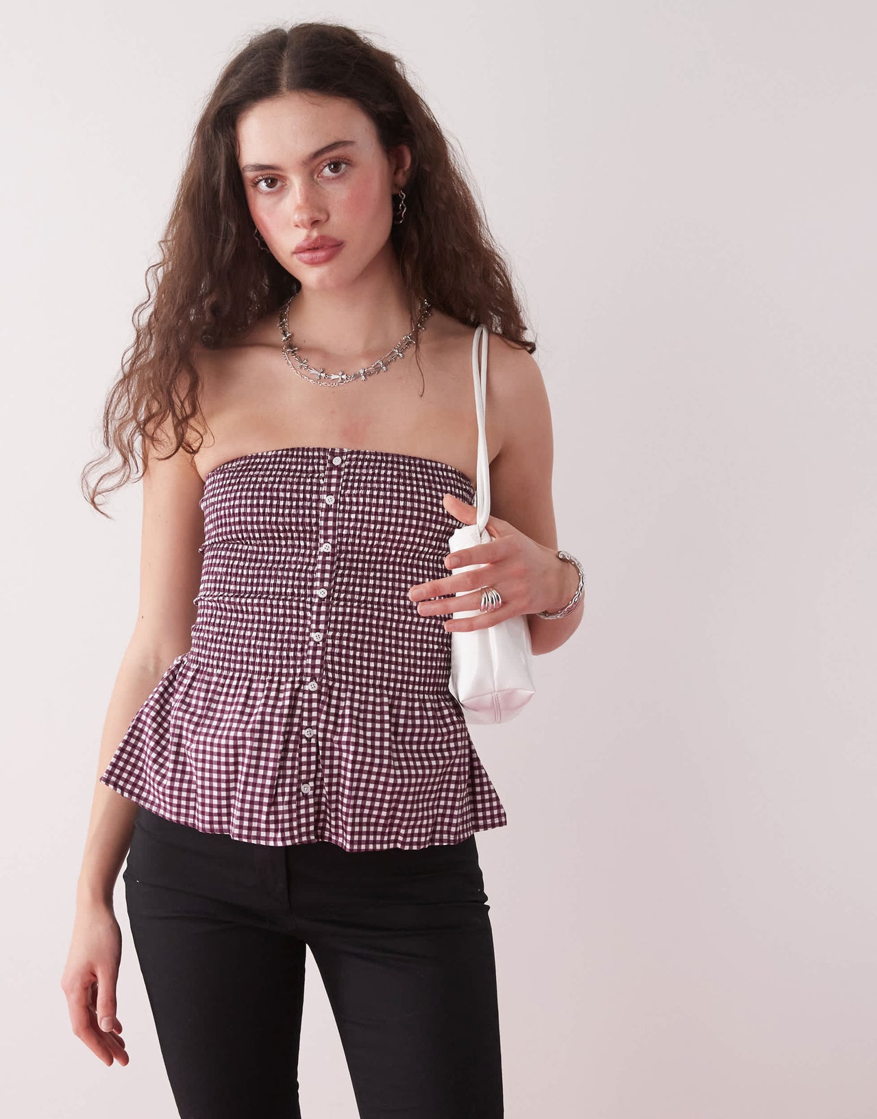 Motel soter button through gingham bandeau top in wine