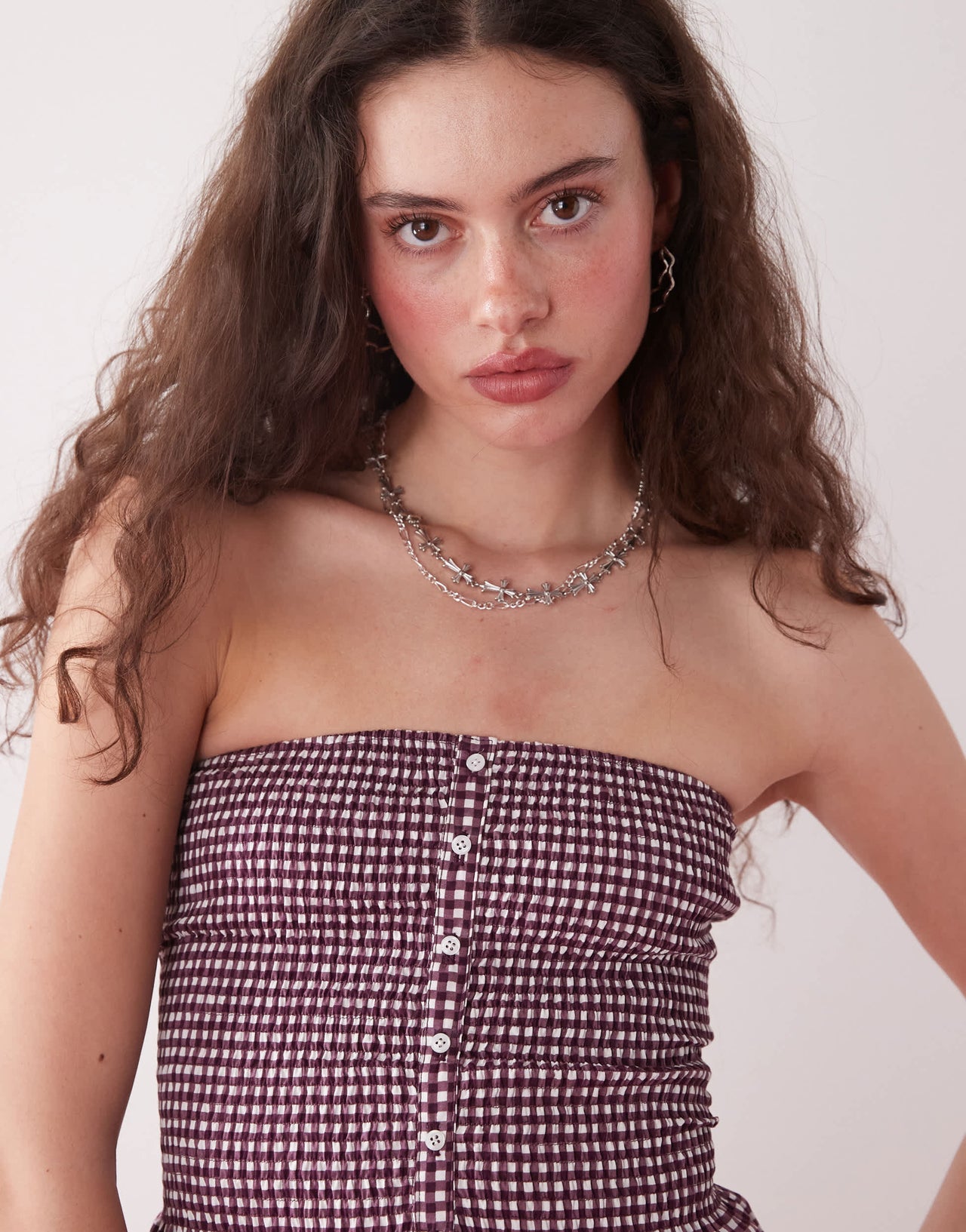 Motel soter button through gingham bandeau top in wine