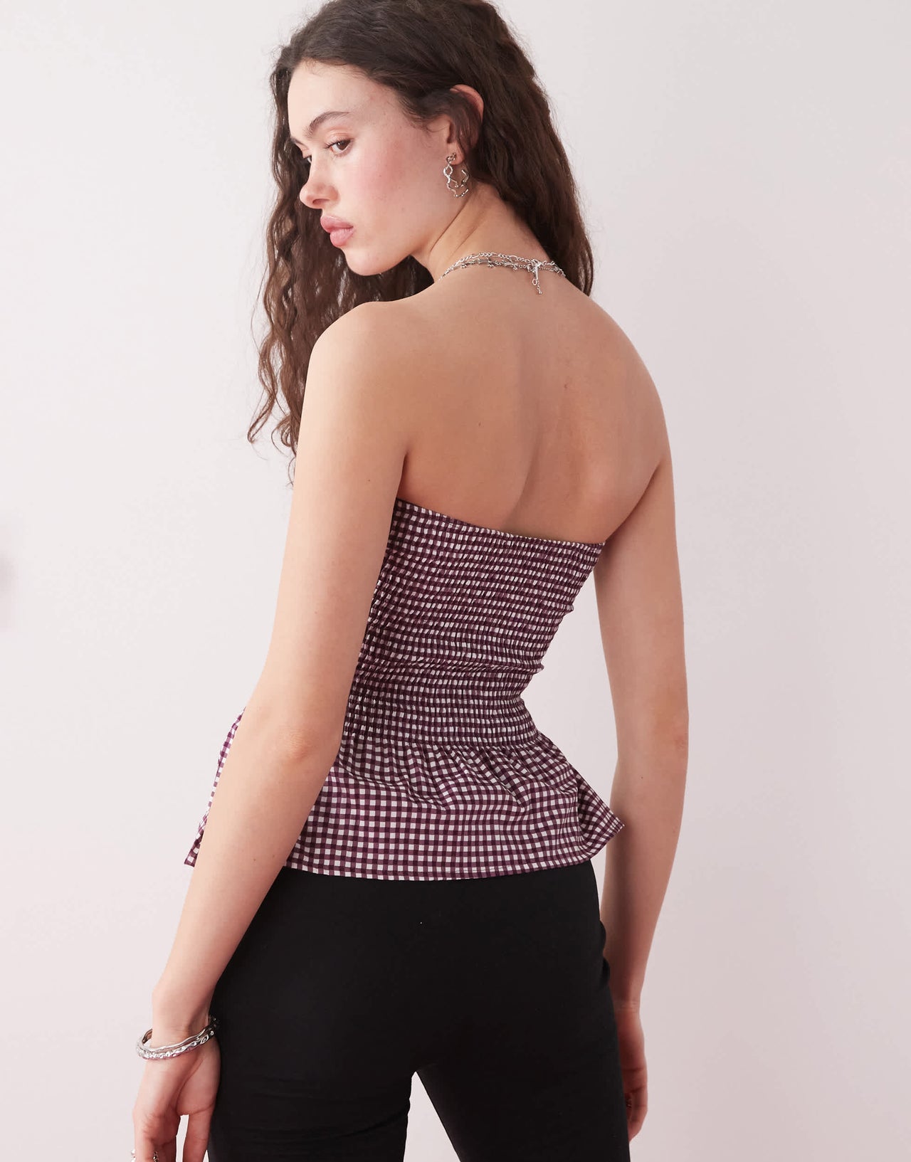 Motel soter button through gingham bandeau top in wine