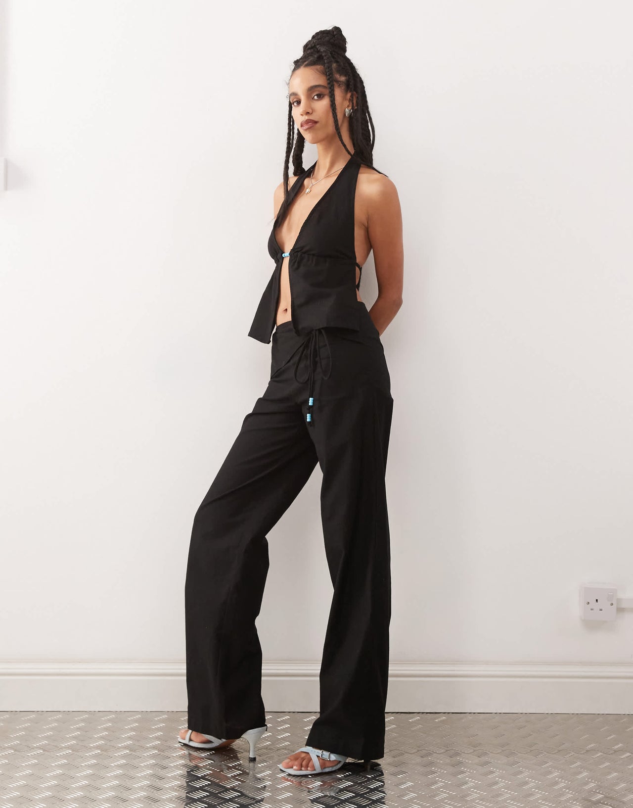 Motel cursa sarong overlay bead detail linen trousers in black