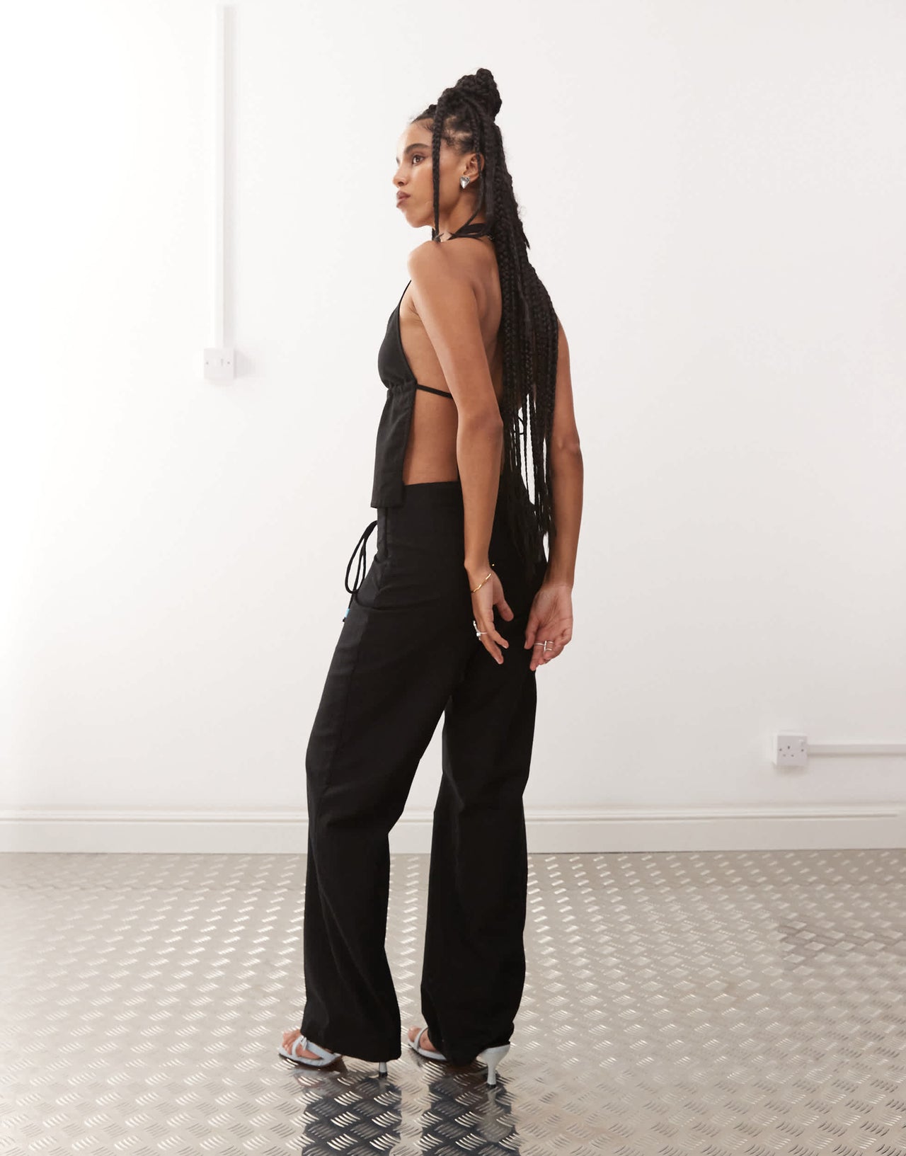 Motel cursa sarong overlay bead detail linen trousers in black