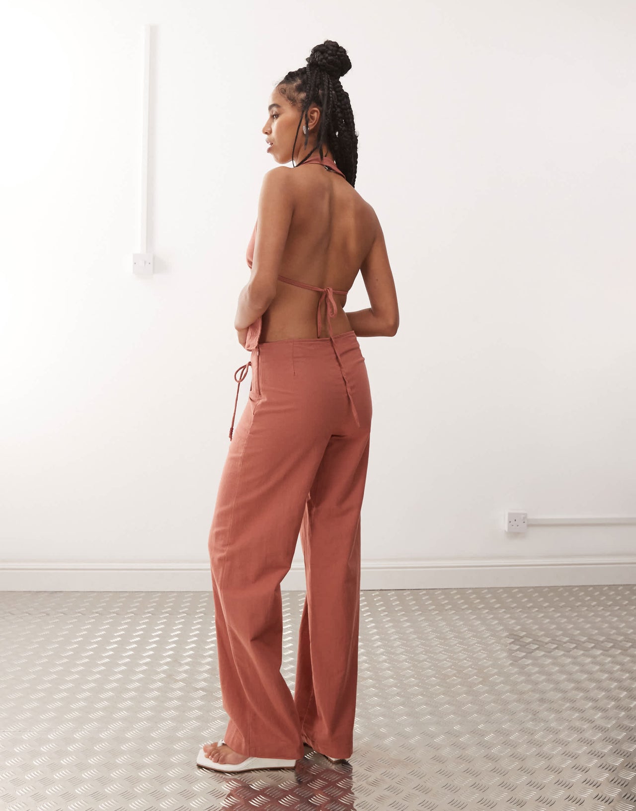 Motel cursa sarong overlay bead detail linen trousers in tuscan red