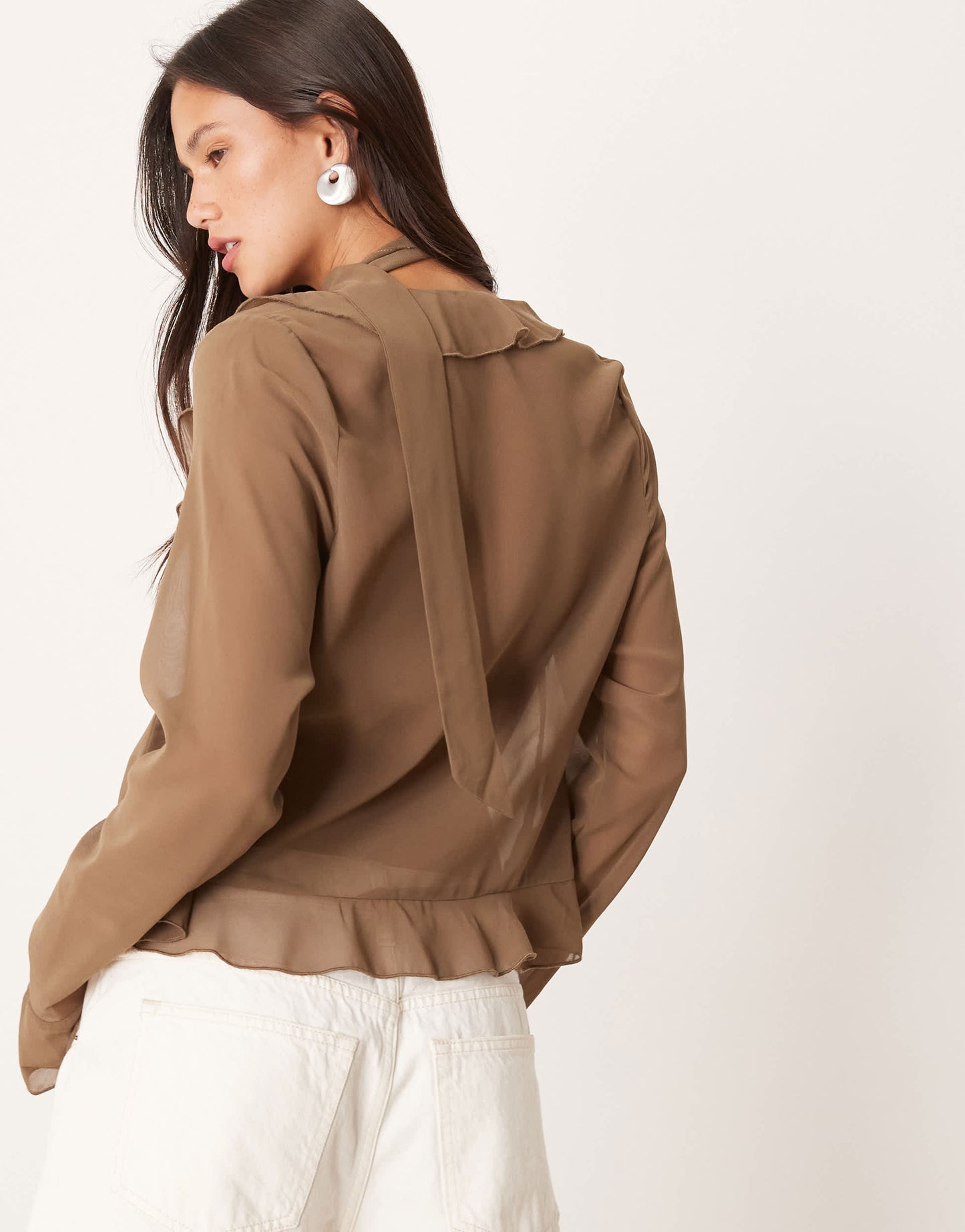 Motel hirap ruffle front sheer blouse in mocha