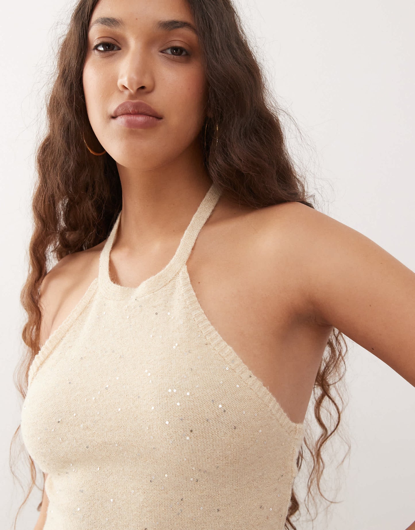 Motel yakanta sequin detail knitted mini halter dress in gold
