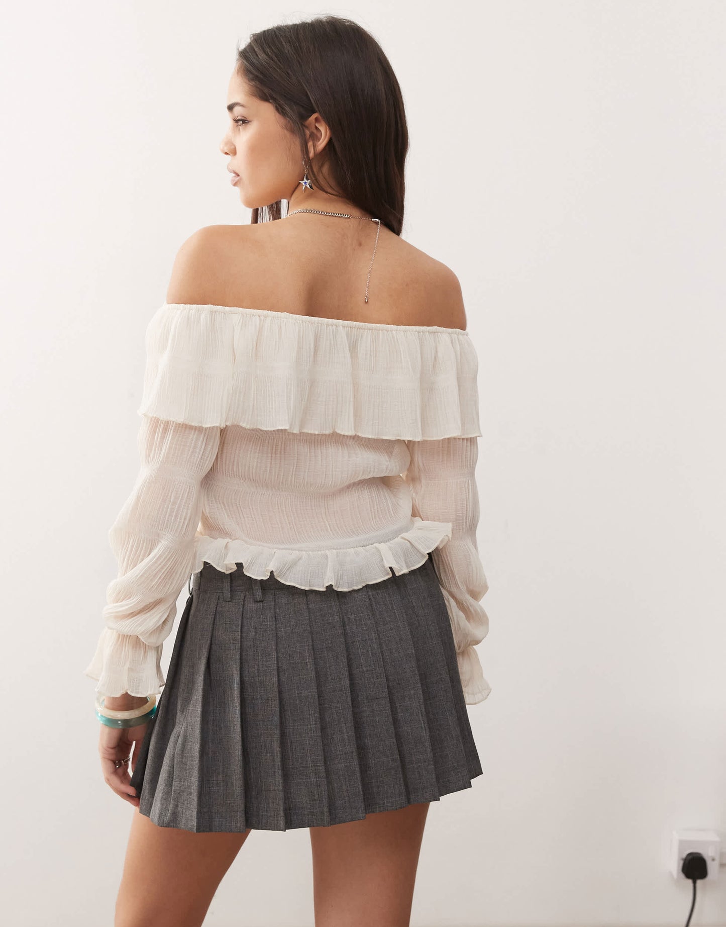 Motel kalena ruffle off-shoulder long sleeve blouse in ivory