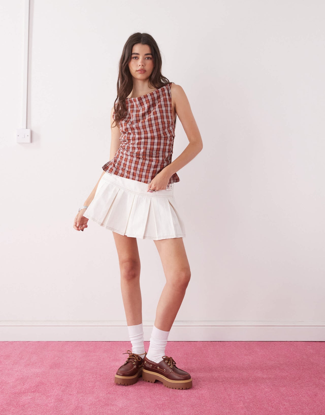 COLLUSION denim mini kilt skirt in ecru