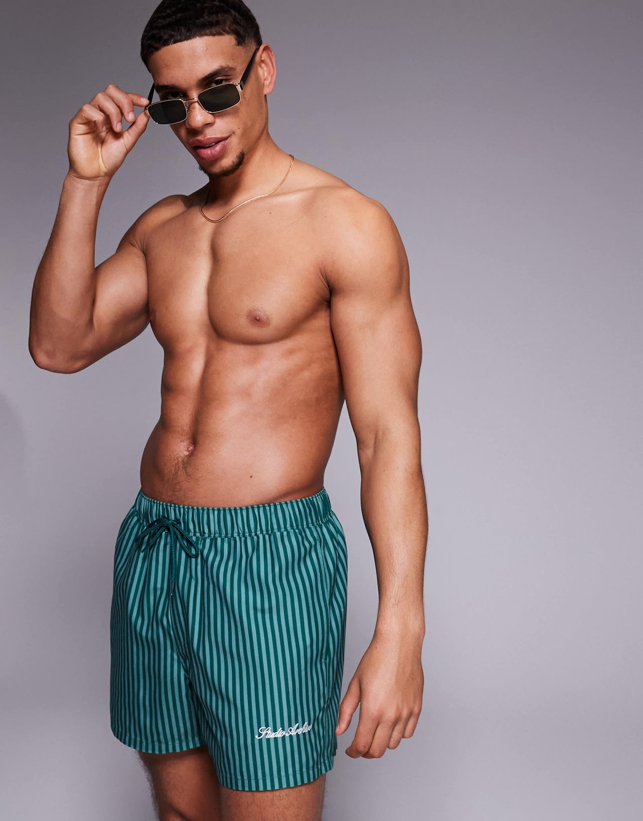 ASOS DESIGN swim shorts in short length in green stripe with placement print