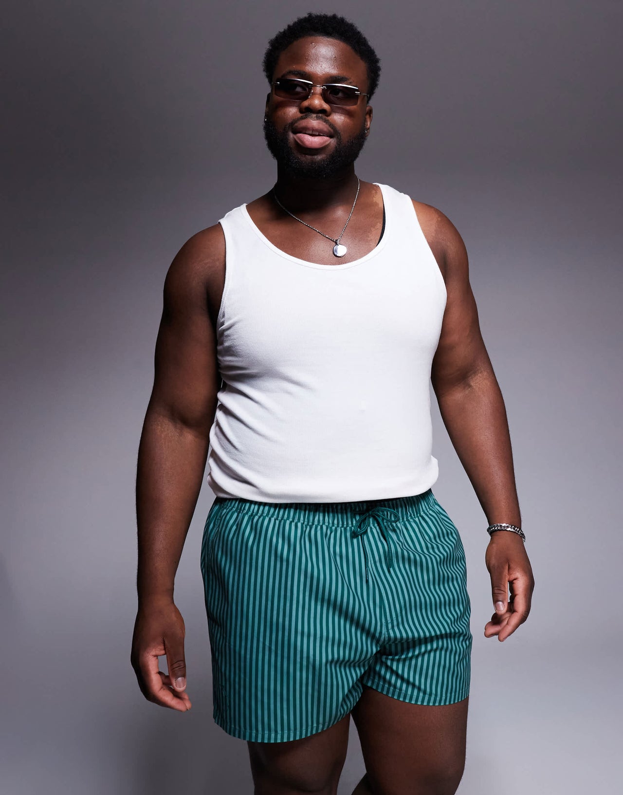 ASOS DESIGN swim shorts in short length in green stripe with placement print