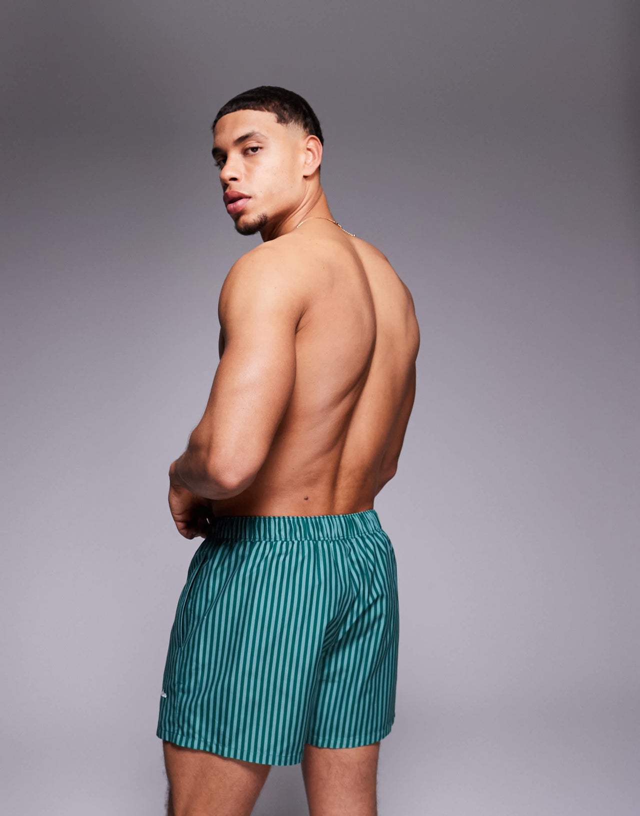ASOS DESIGN swim shorts in short length in green stripe with placement print