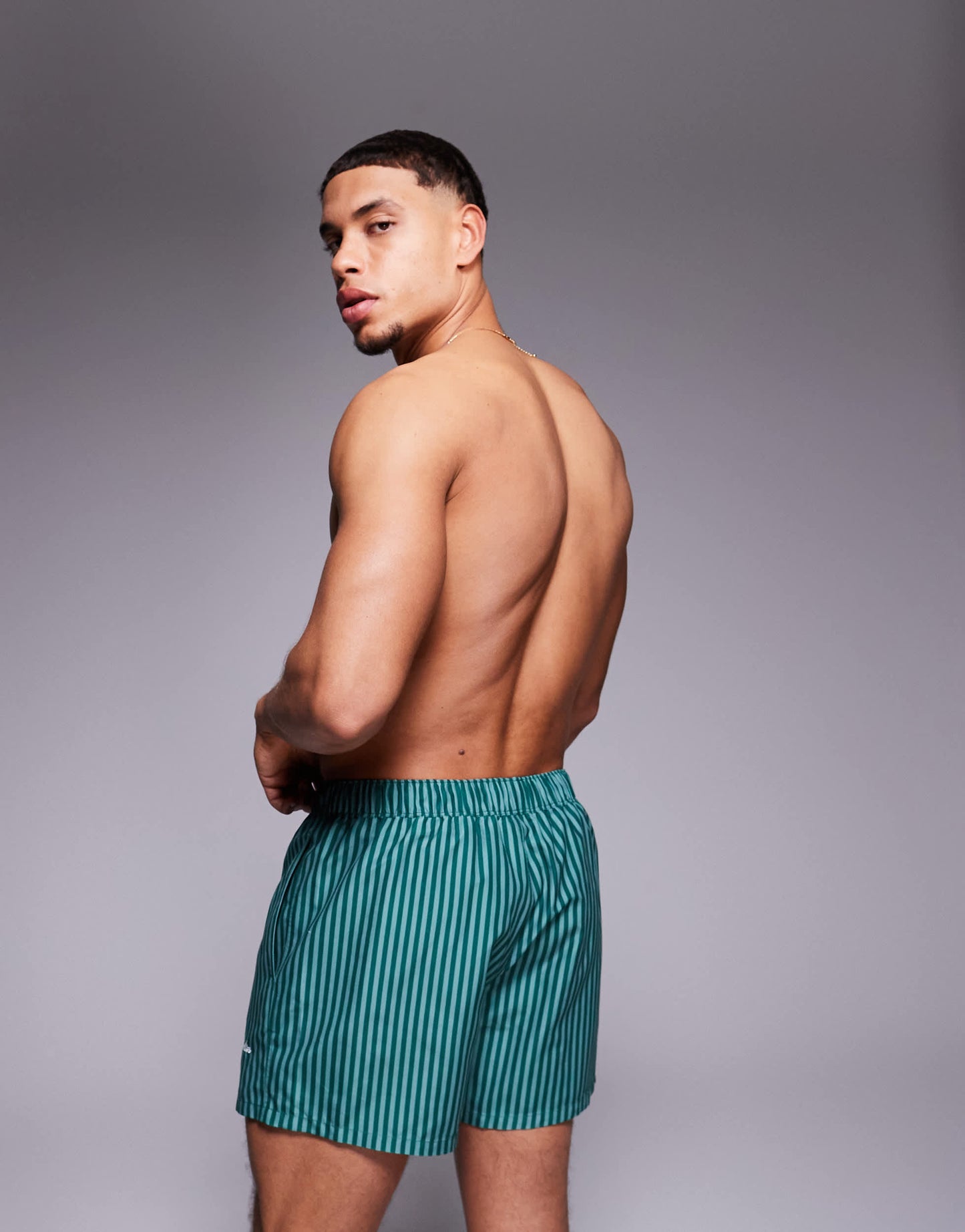 ASOS DESIGN swim shorts in short length in green stripe with placement print