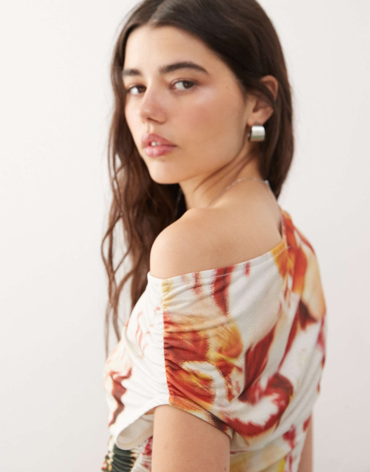 COLLUSION off shoulder slinky blurred orange orchid top