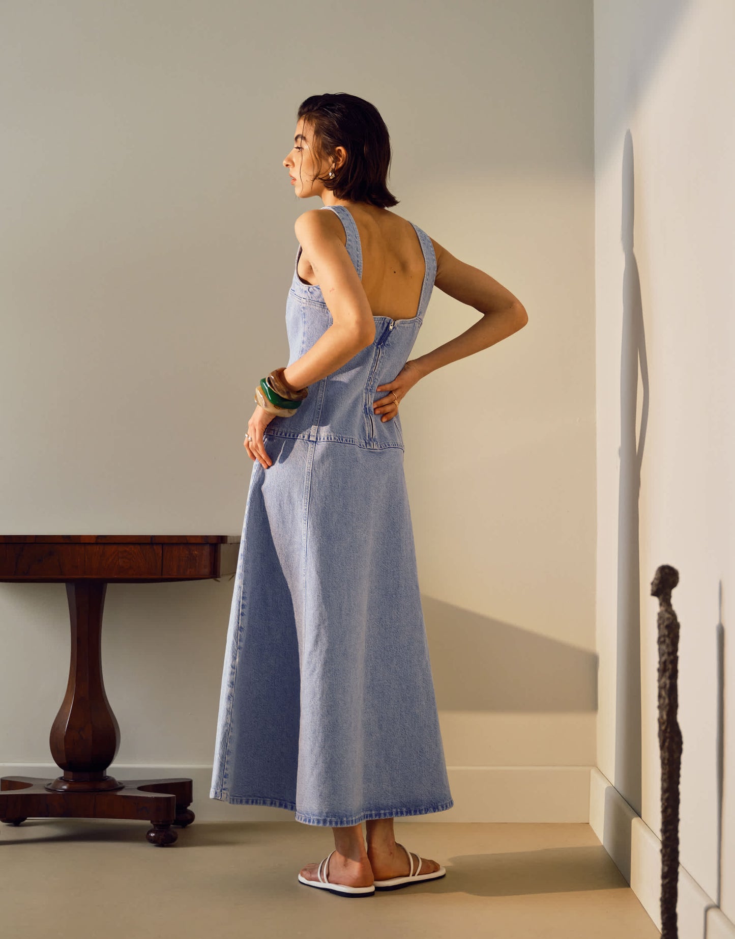 Topshop denim dropped waist midi dress in bleach