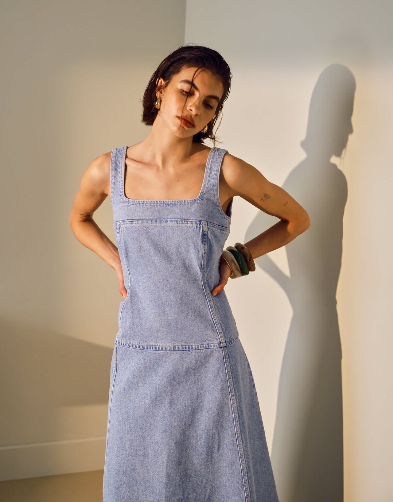 Topshop denim dropped waist midi dress in bleach