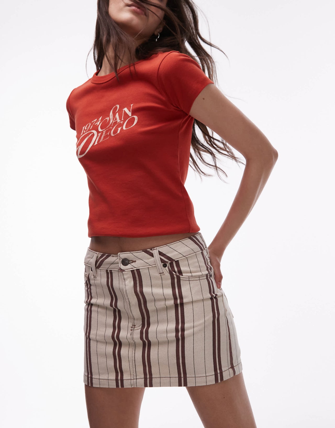 Topshop denim pelmet mini skirt in burgundy stripe