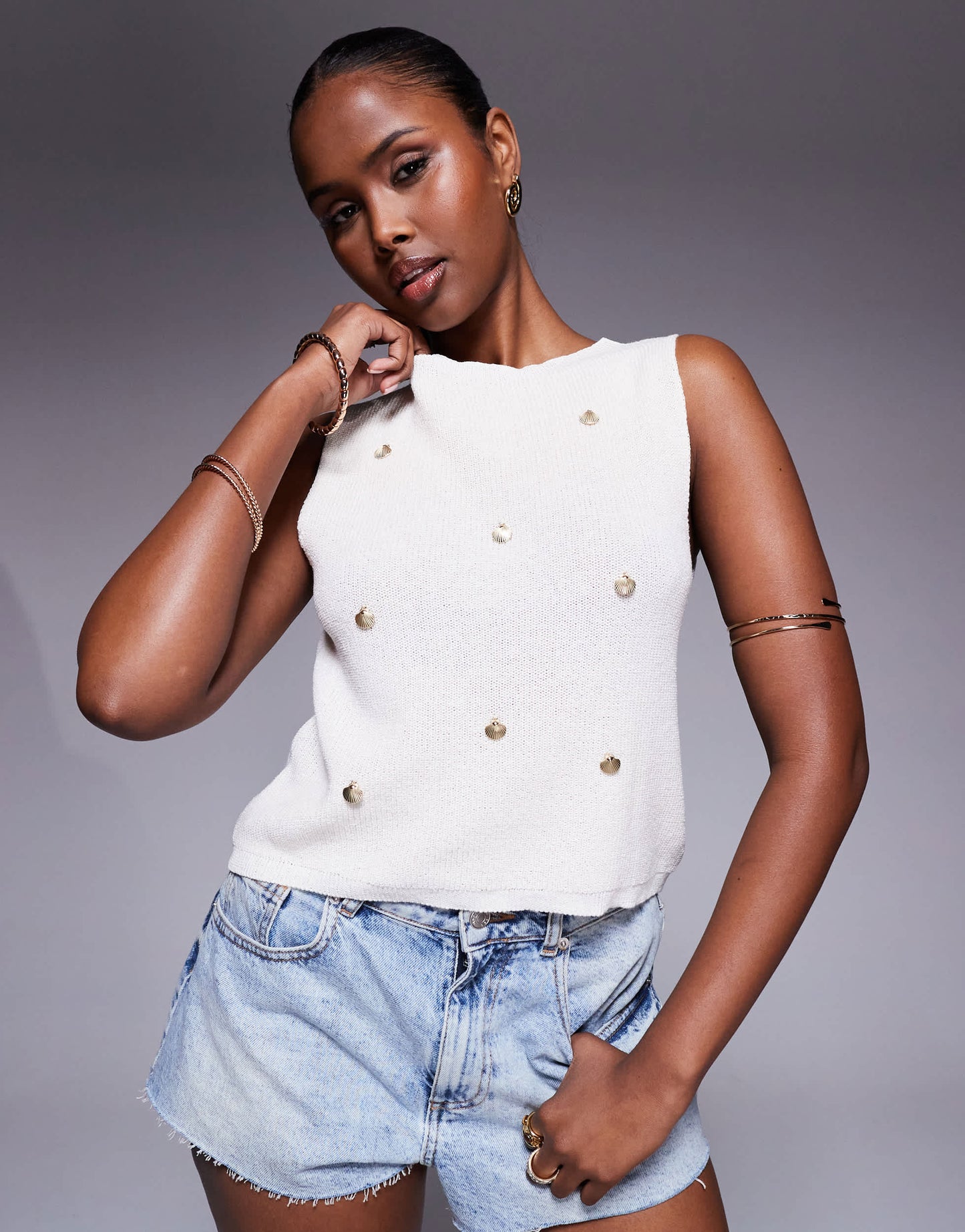 ASOS DESIGN knitted tank top with gold shell charms in ecru