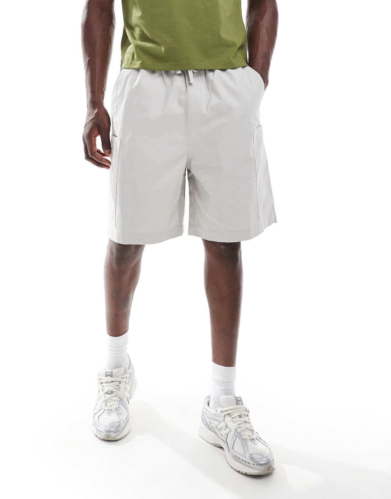 ASOS DESIGN mid length cargo shorts with patch detail in stone