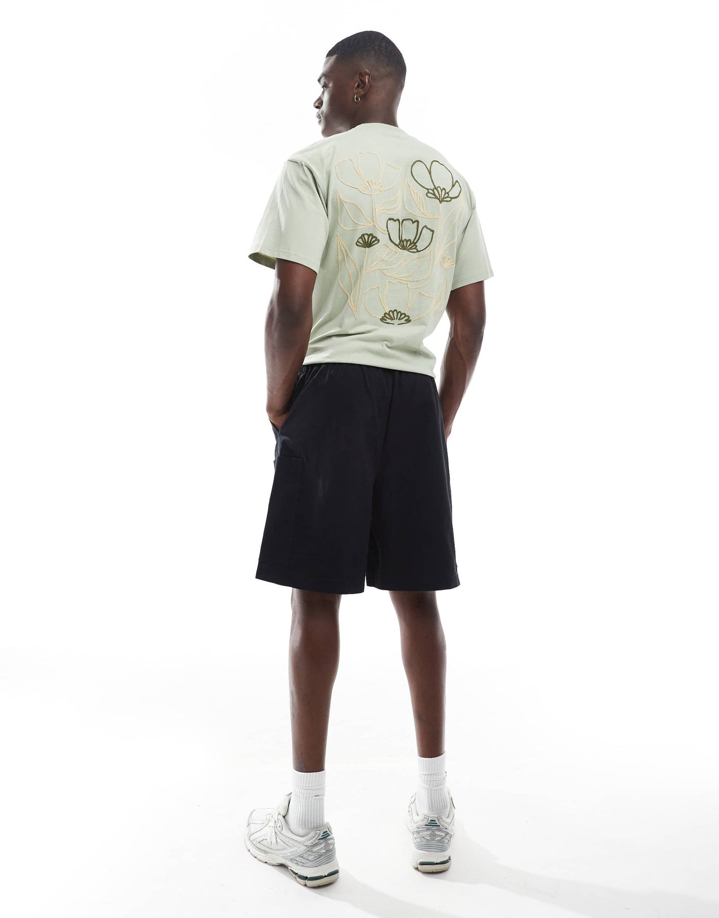 ASOS DESIGN mid length cargo shorts with patch detail in black