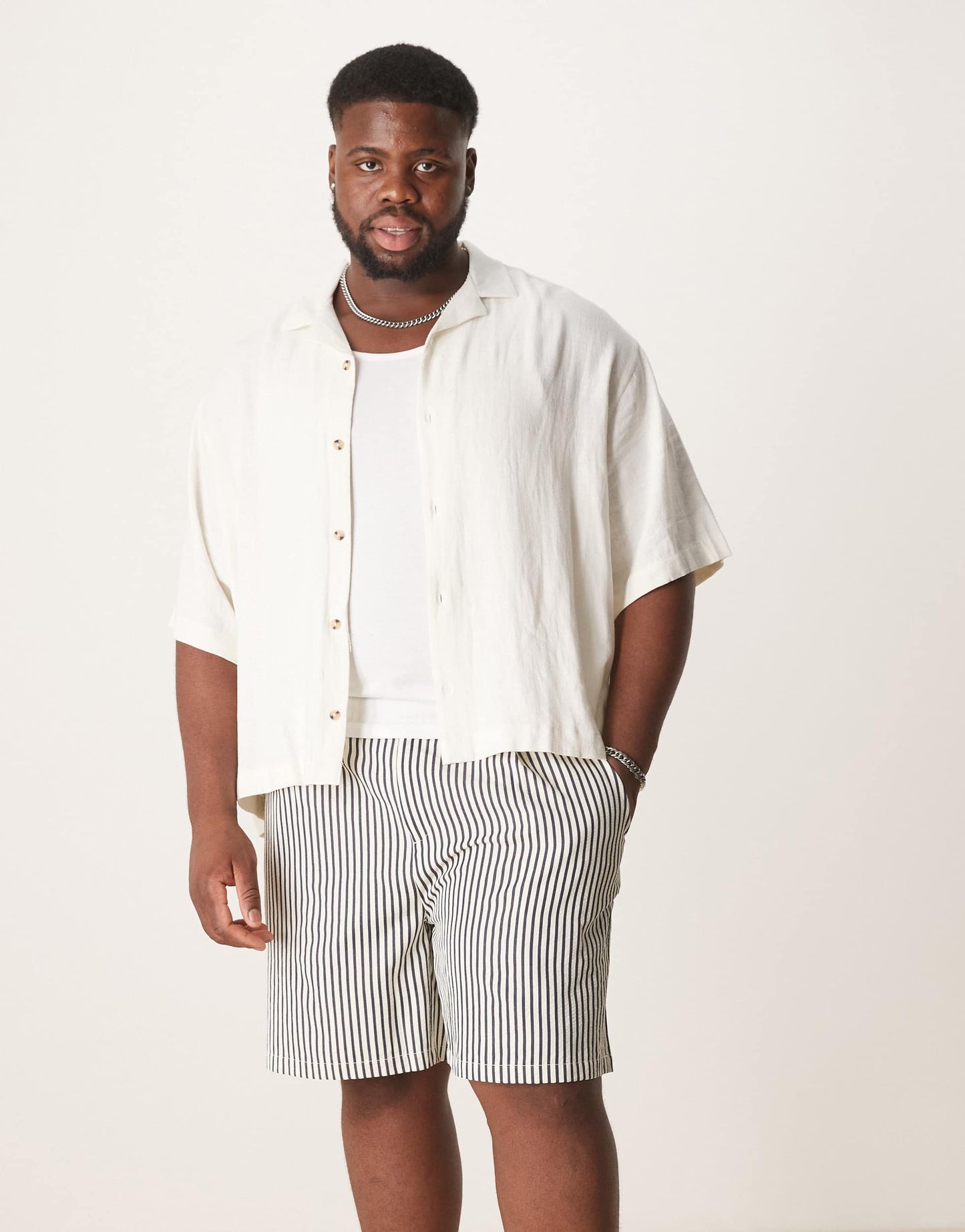 ASOS DESIGN wide shorter length short in ecru and navy stripe