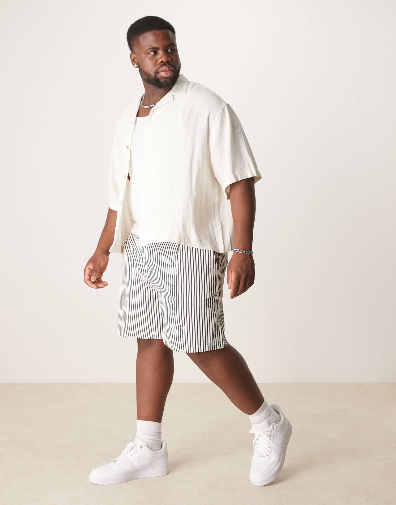 ASOS DESIGN wide shorter length short in ecru and navy stripe