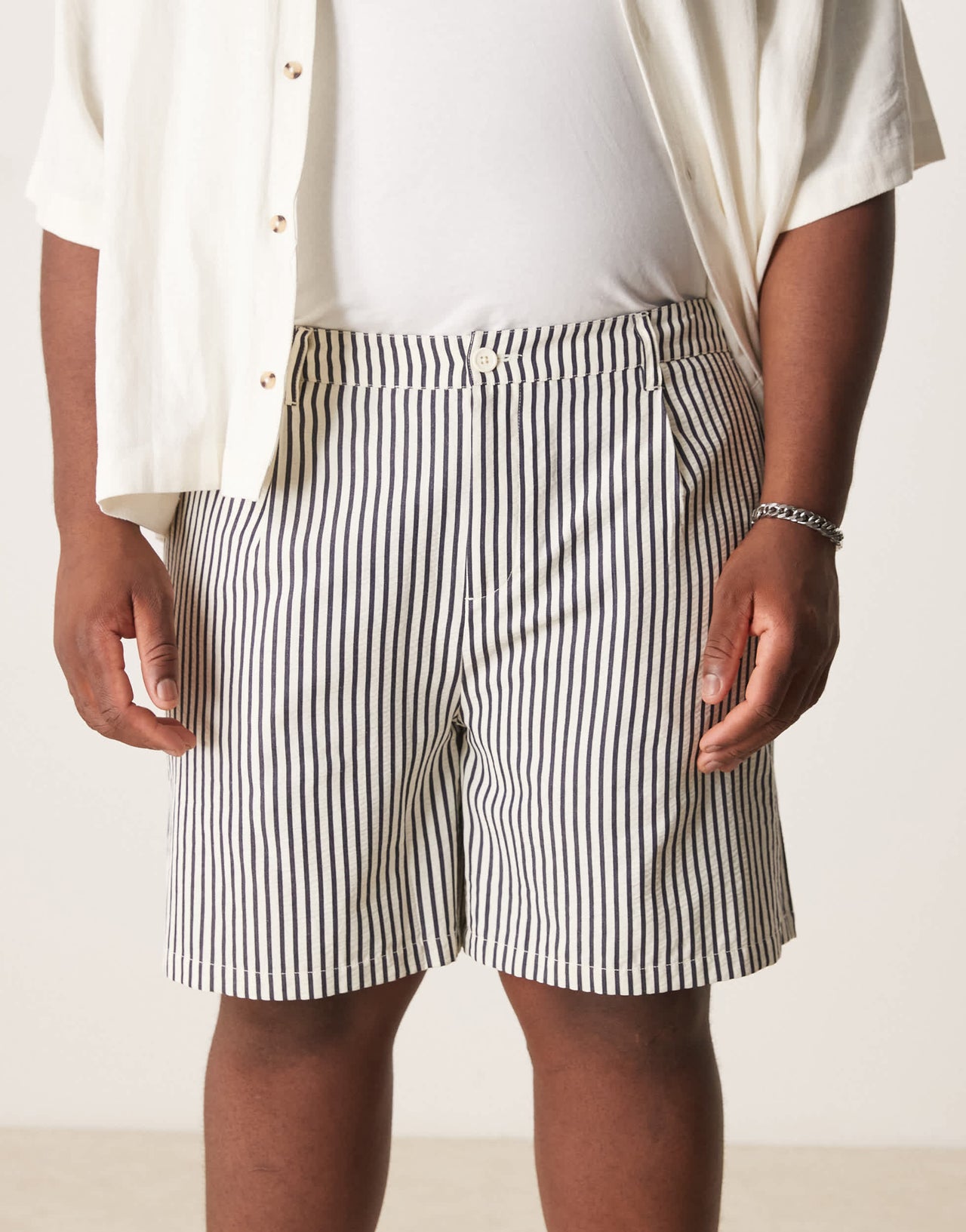 ASOS DESIGN wide shorter length short in ecru and navy stripe