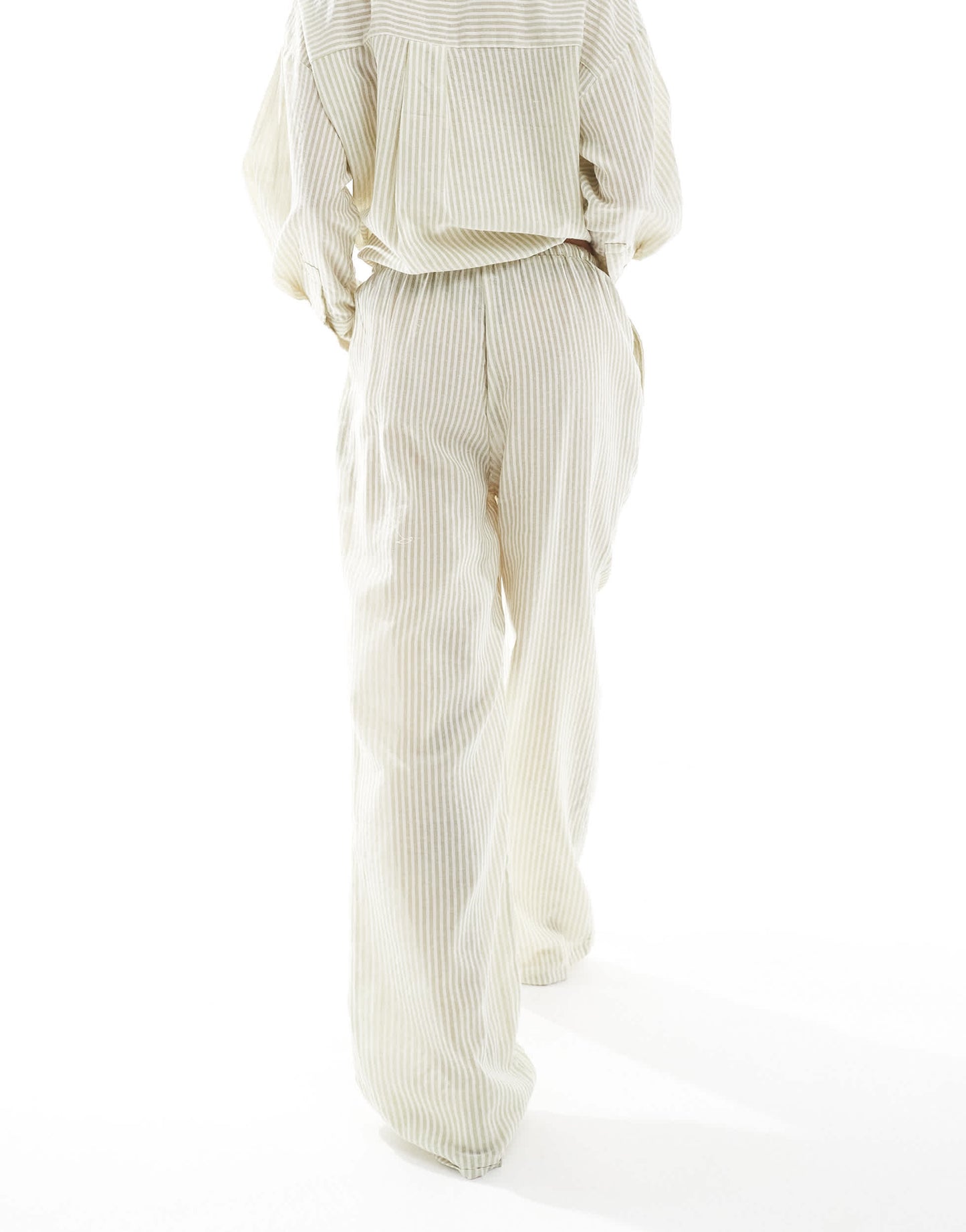 4th & Reckless lightweight linen look wide leg beach trouser co-ord in cream & sage stripe