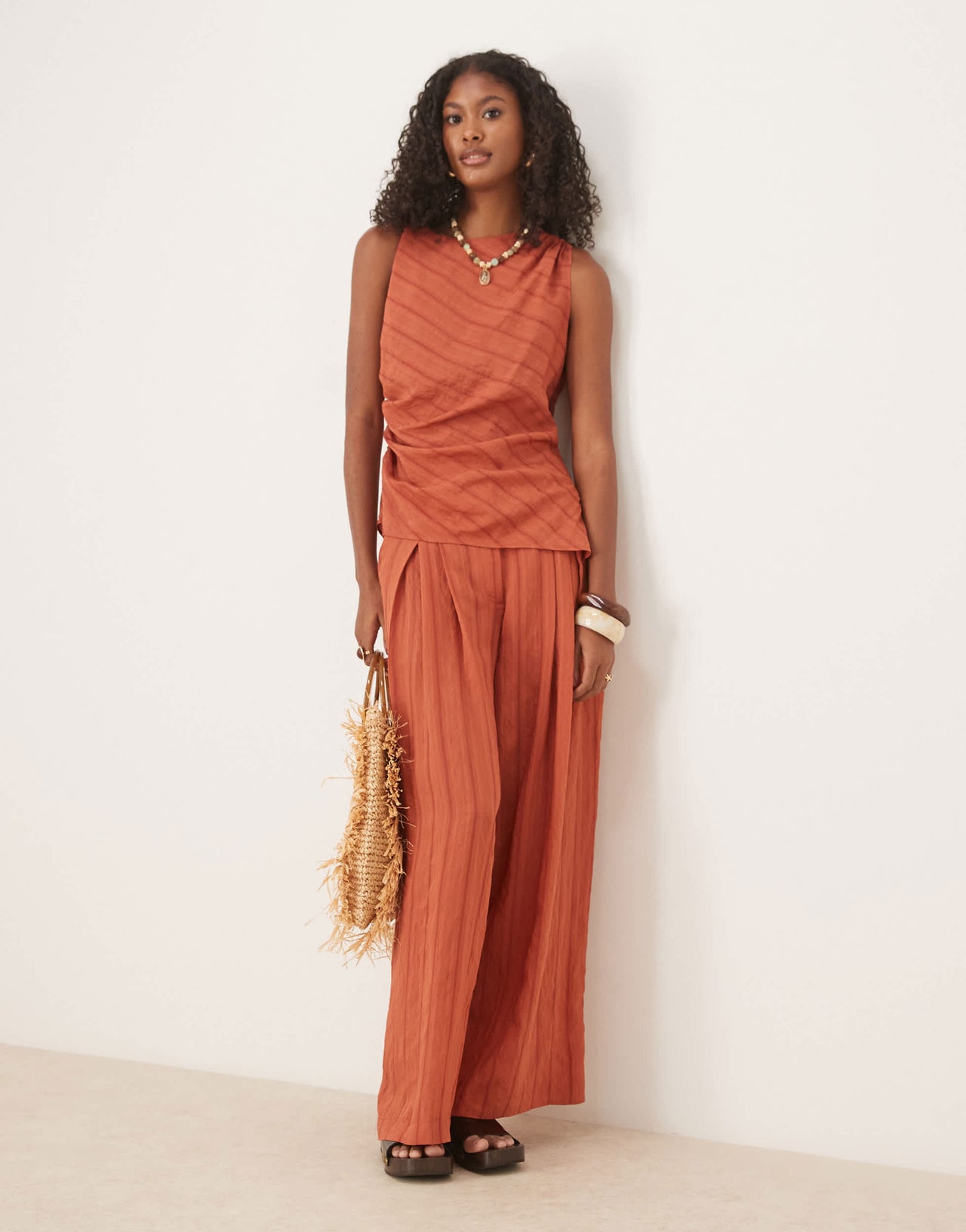 ASOS DESIGN asymmetric textured stripe twist detail top co-ord in rust