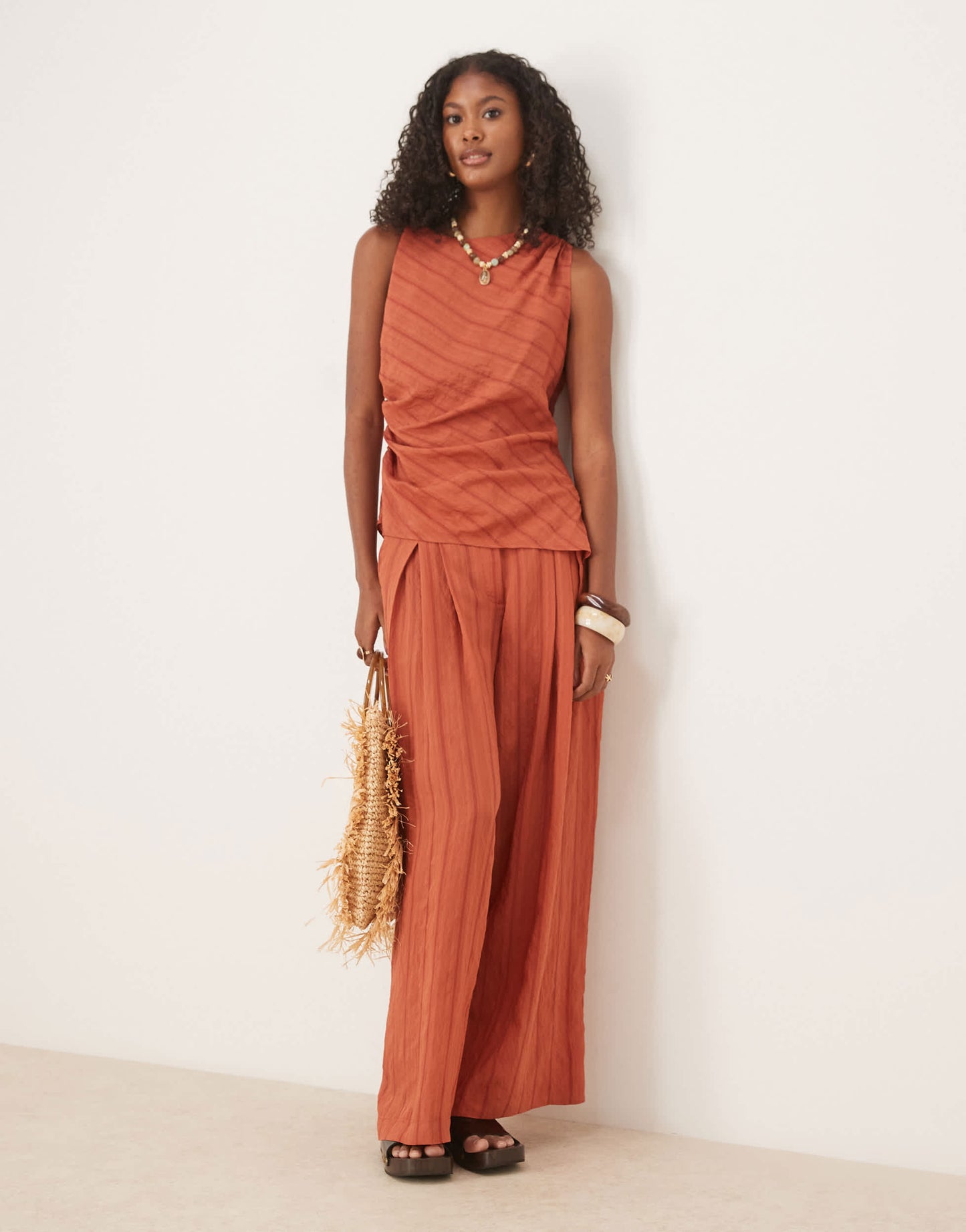ASOS DESIGN asymmetric textured stripe twist detail top co-ord in rust