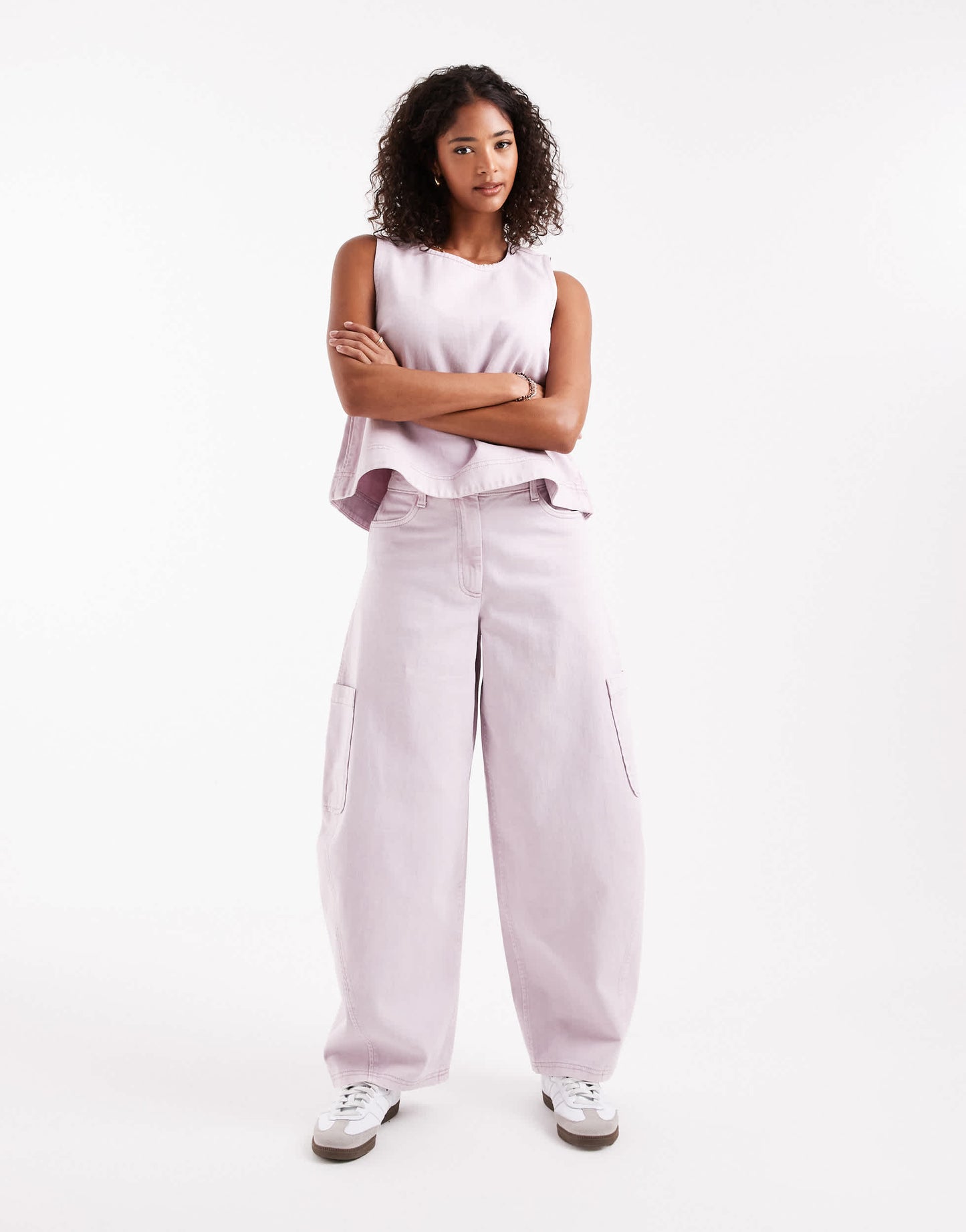 ASOS DESIGN curved seam utility barrel leg trousers co-ord in washed mauve