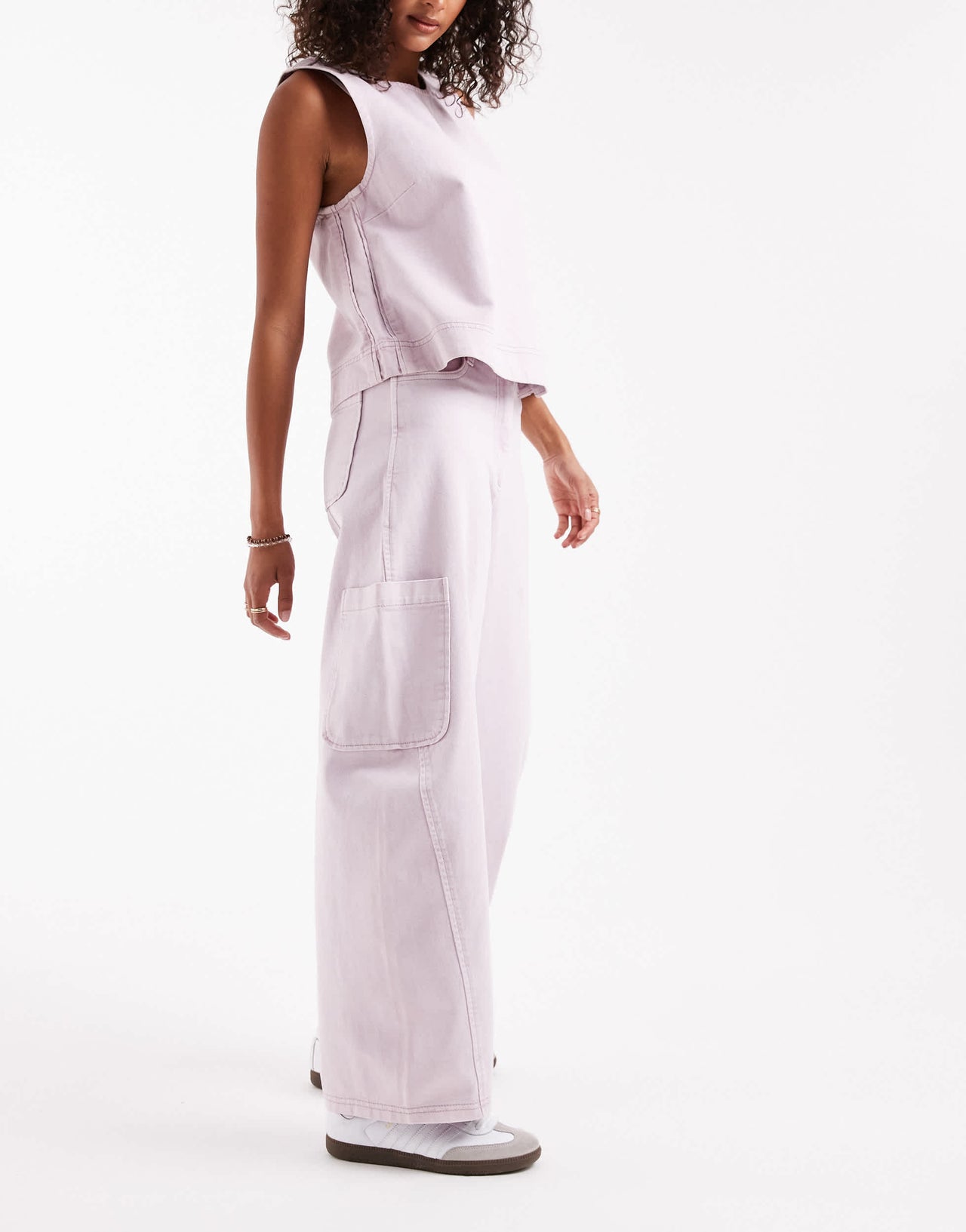 ASOS DESIGN curved seam utility barrel leg trousers co-ord in washed mauve