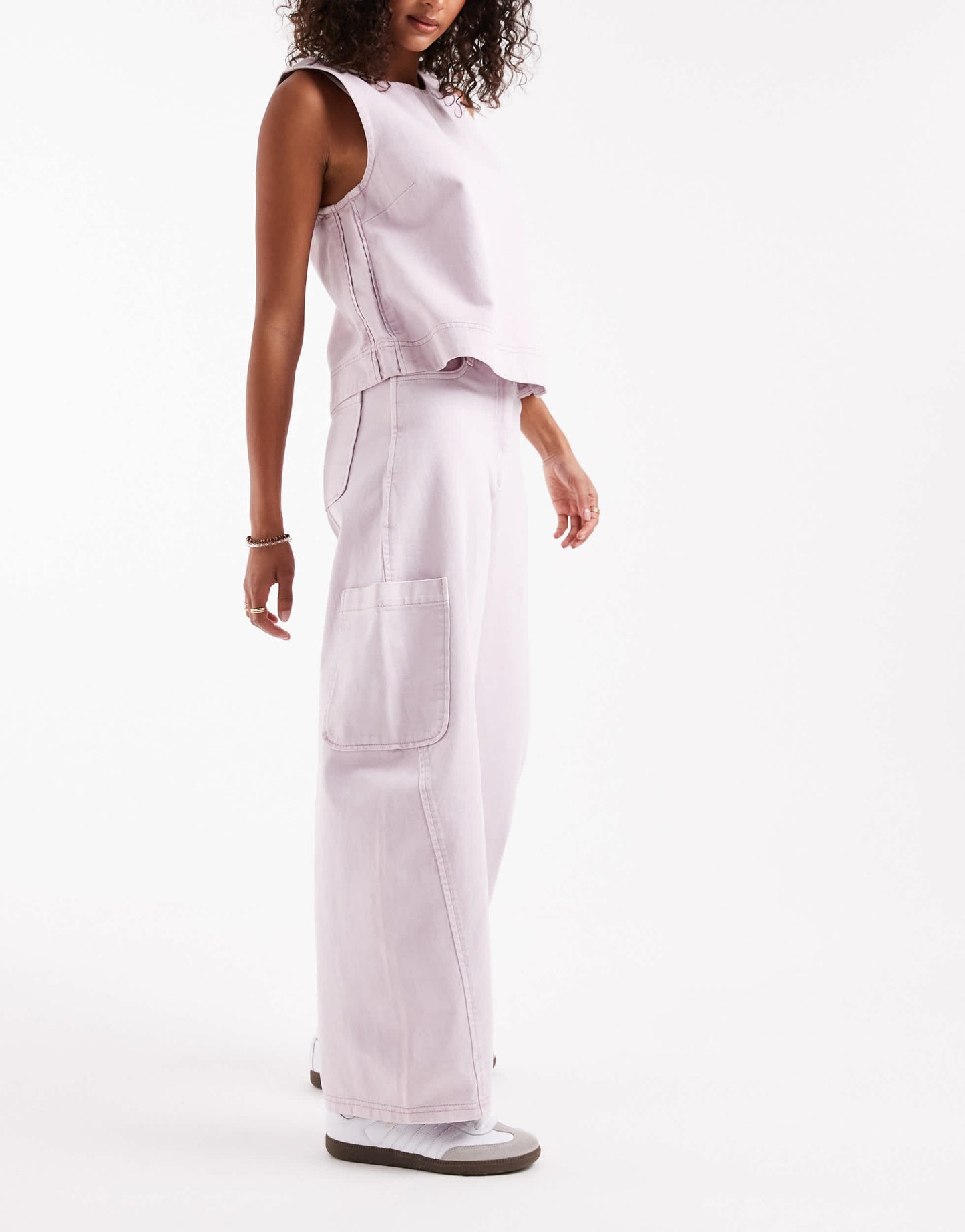 ASOS DESIGN curved seam utility barrel leg trousers co-ord in washed mauve