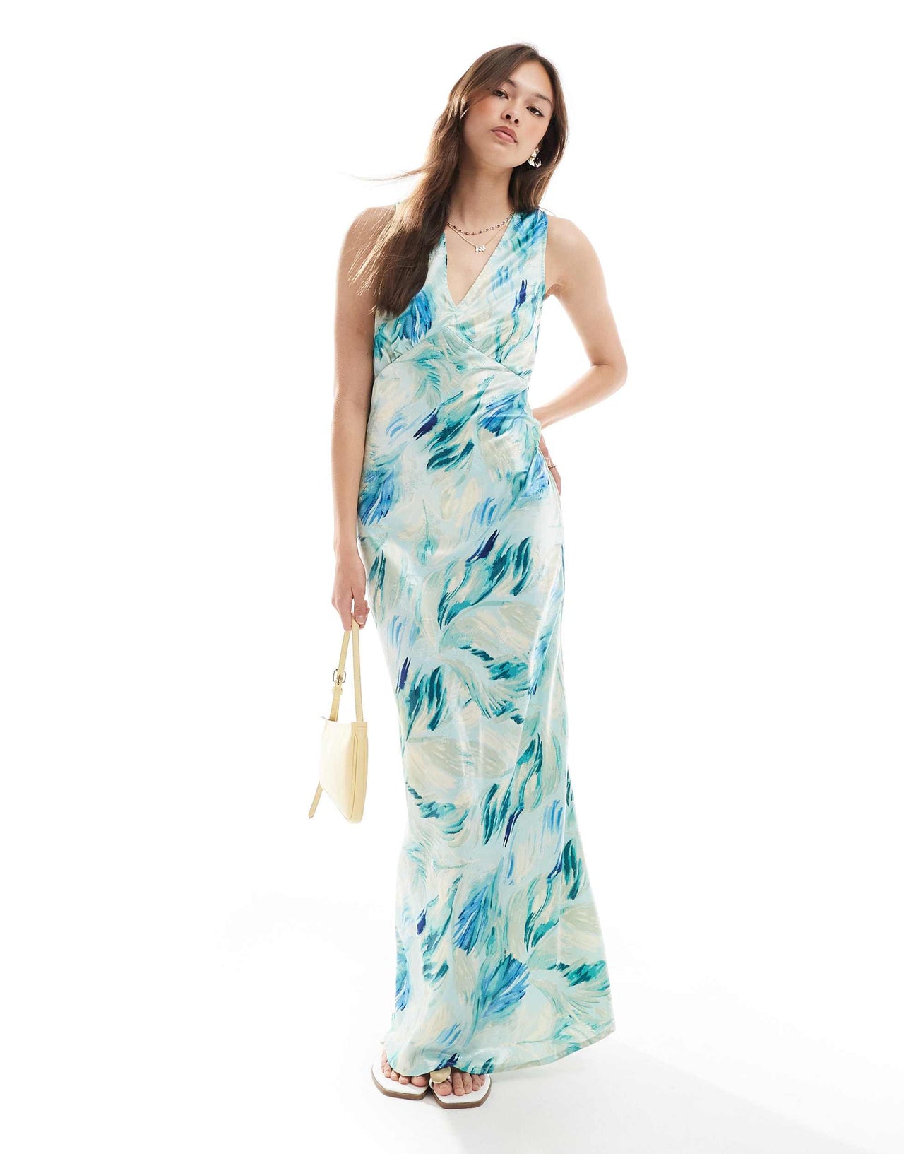 Vero Moda v-neck open back maxi dress in abstract blue print